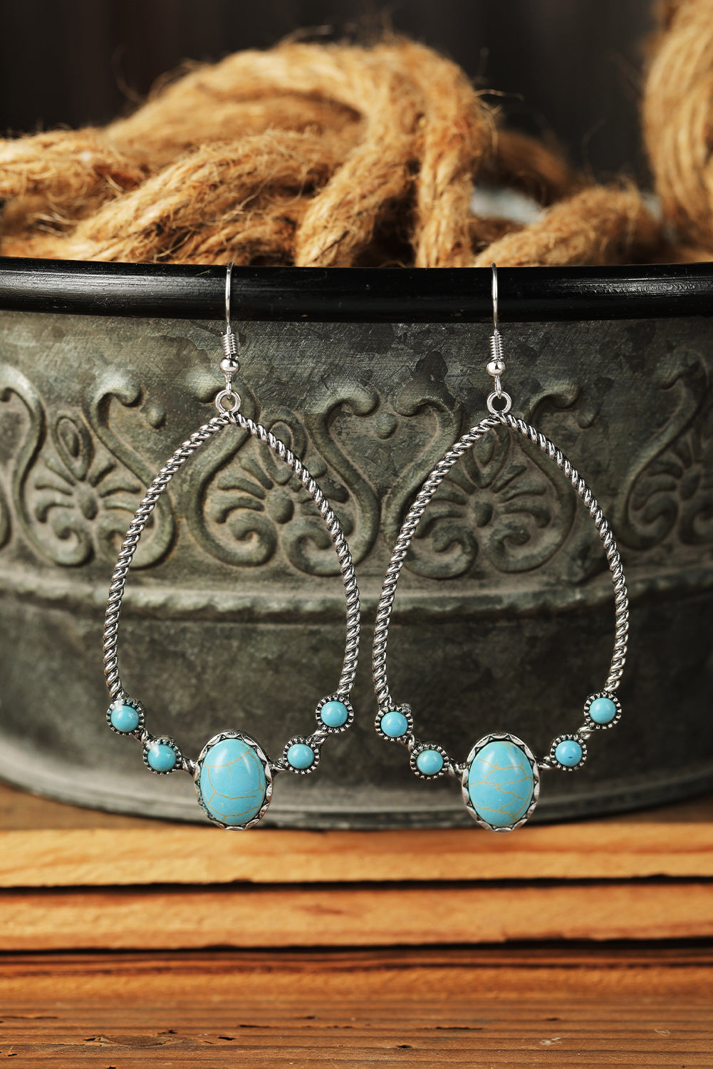 Silver Western Turquoise Water Drop Hook Earrings-2