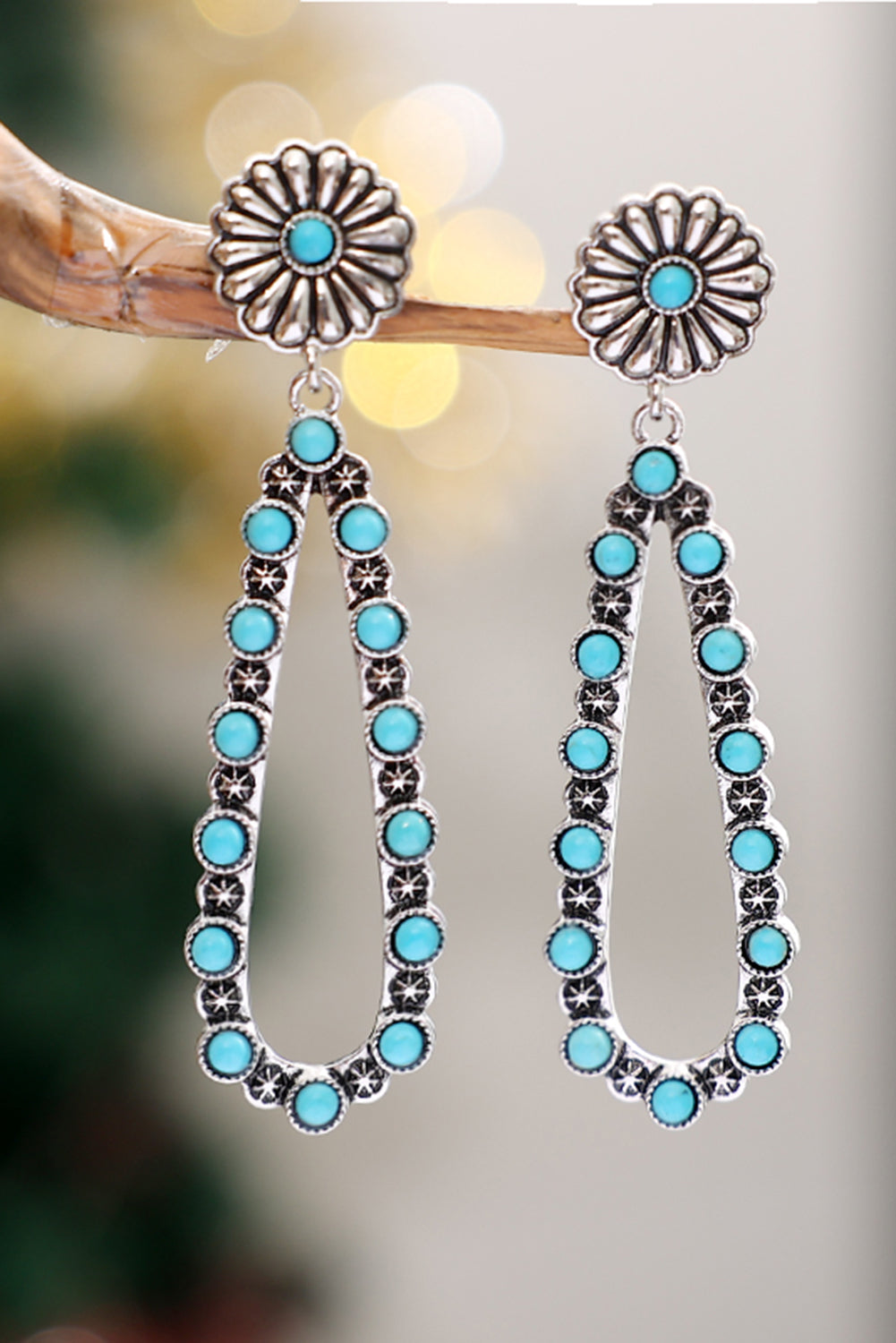 Silver Flower Turquoise Western Fashion Earrings-0