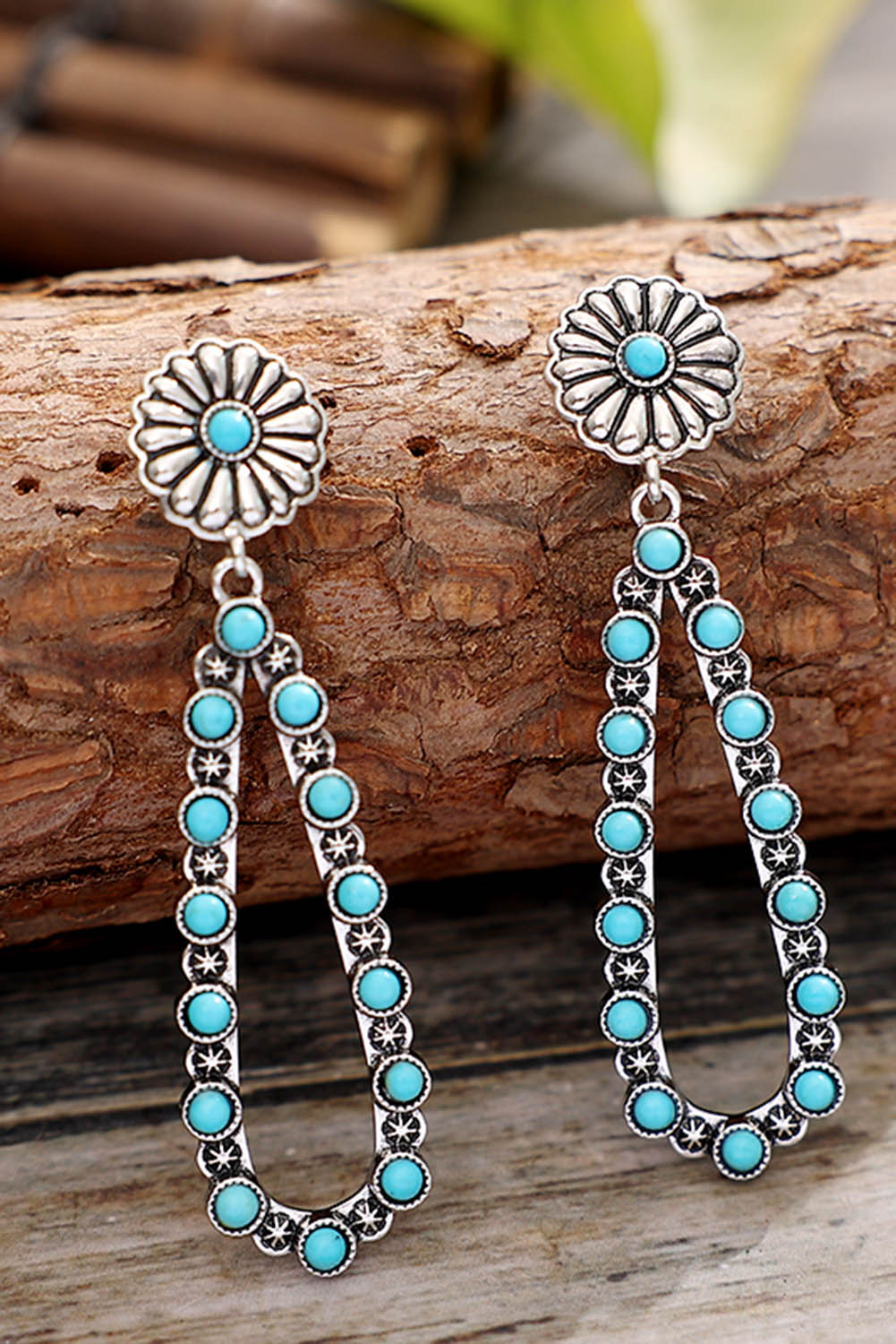 Silver Flower Turquoise Western Fashion Earrings-1