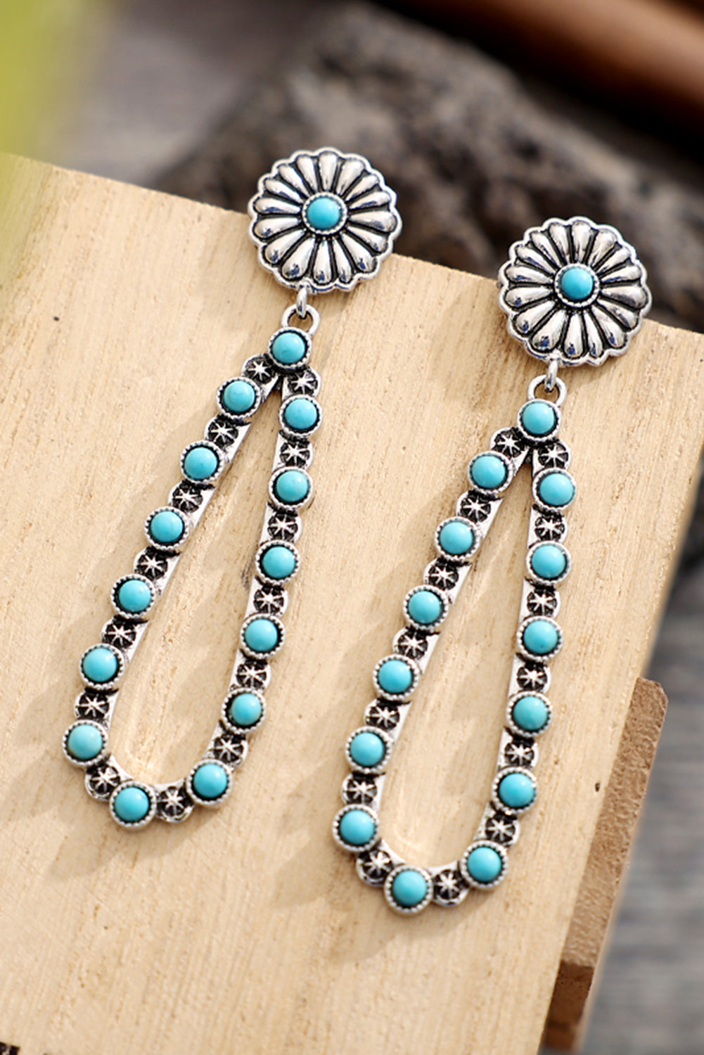 Silver Flower Turquoise Western Fashion Earrings-2