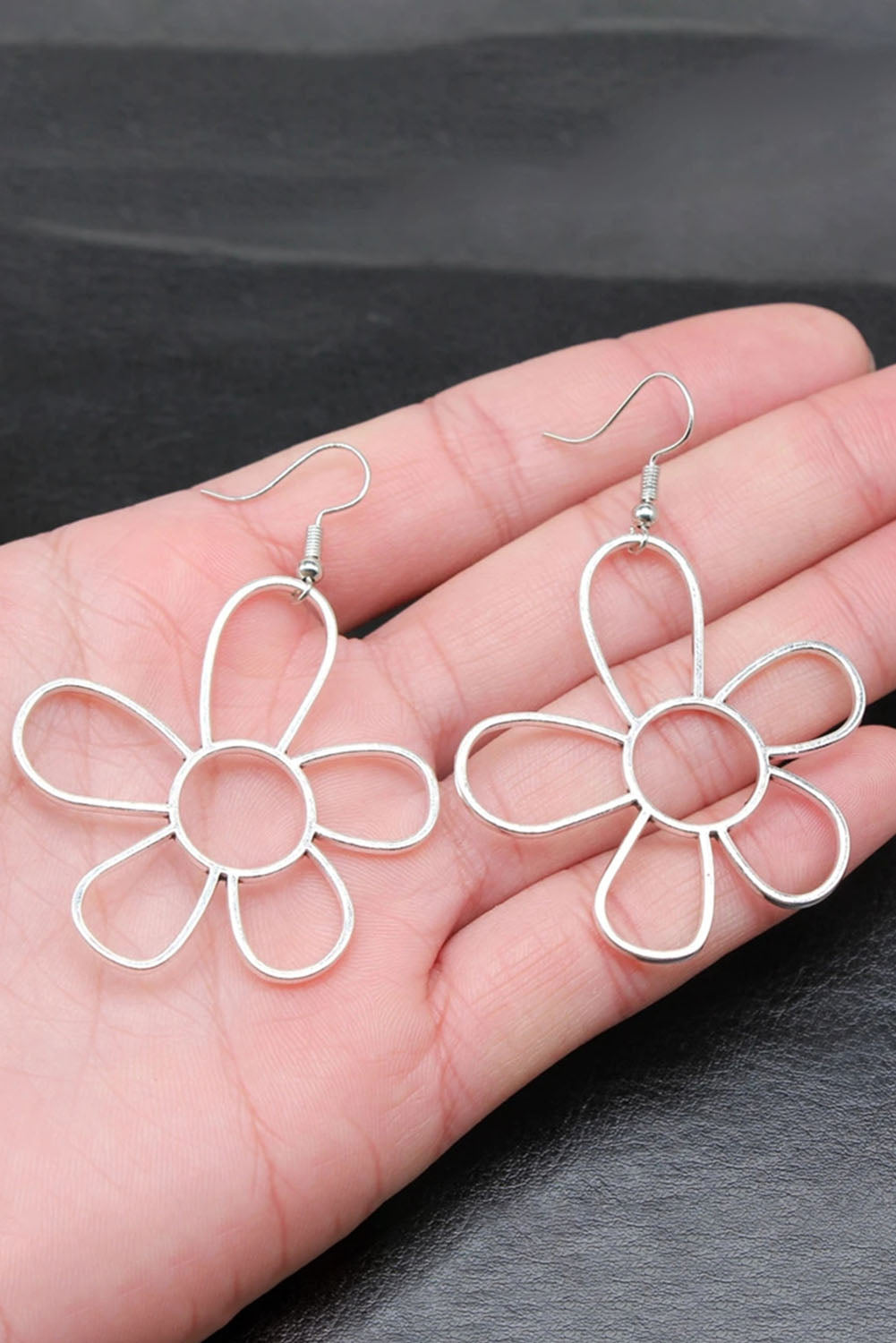 Silvery Alloy Hollowed Flower Hook Earrings-0