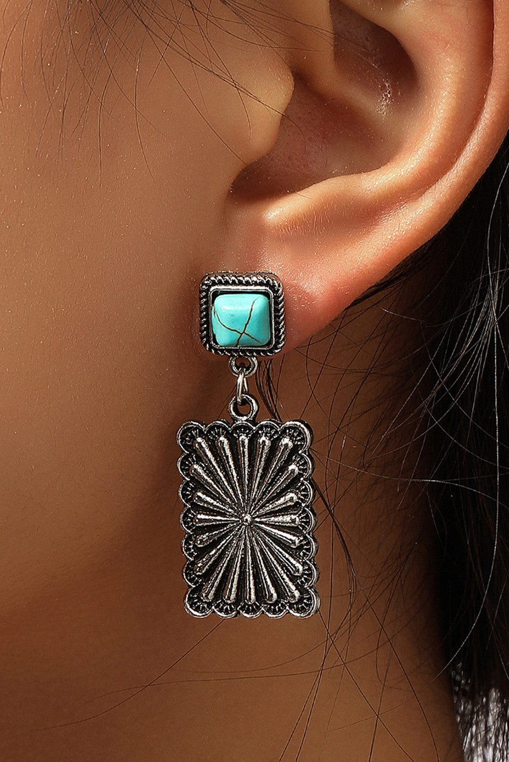 Silvery Retro Western Geometric Turquoise Stud Earrings-0