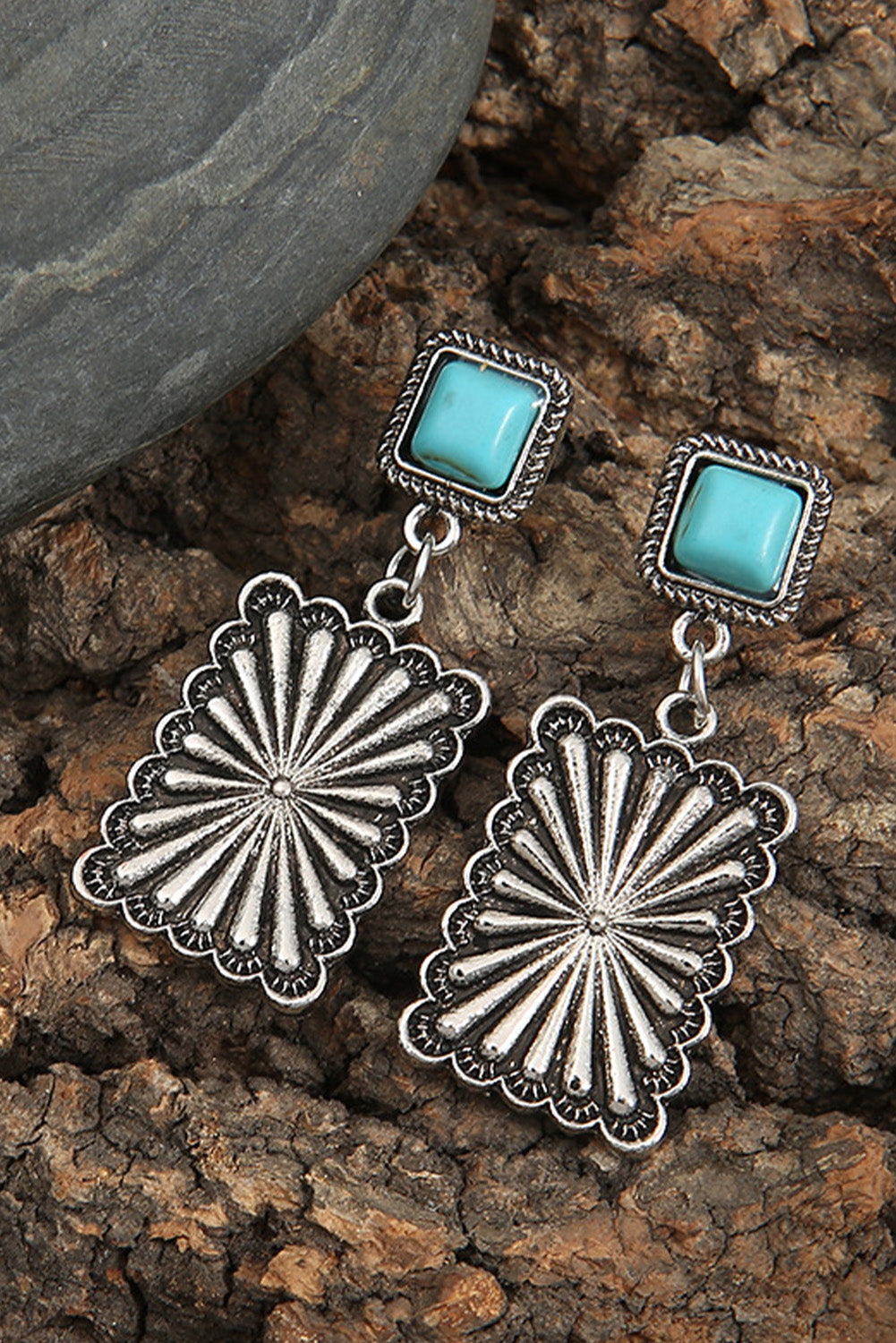 Silvery Retro Western Geometric Turquoise Stud Earrings-2