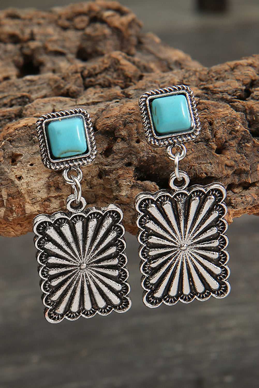 Silvery Retro Western Geometric Turquoise Stud Earrings-3