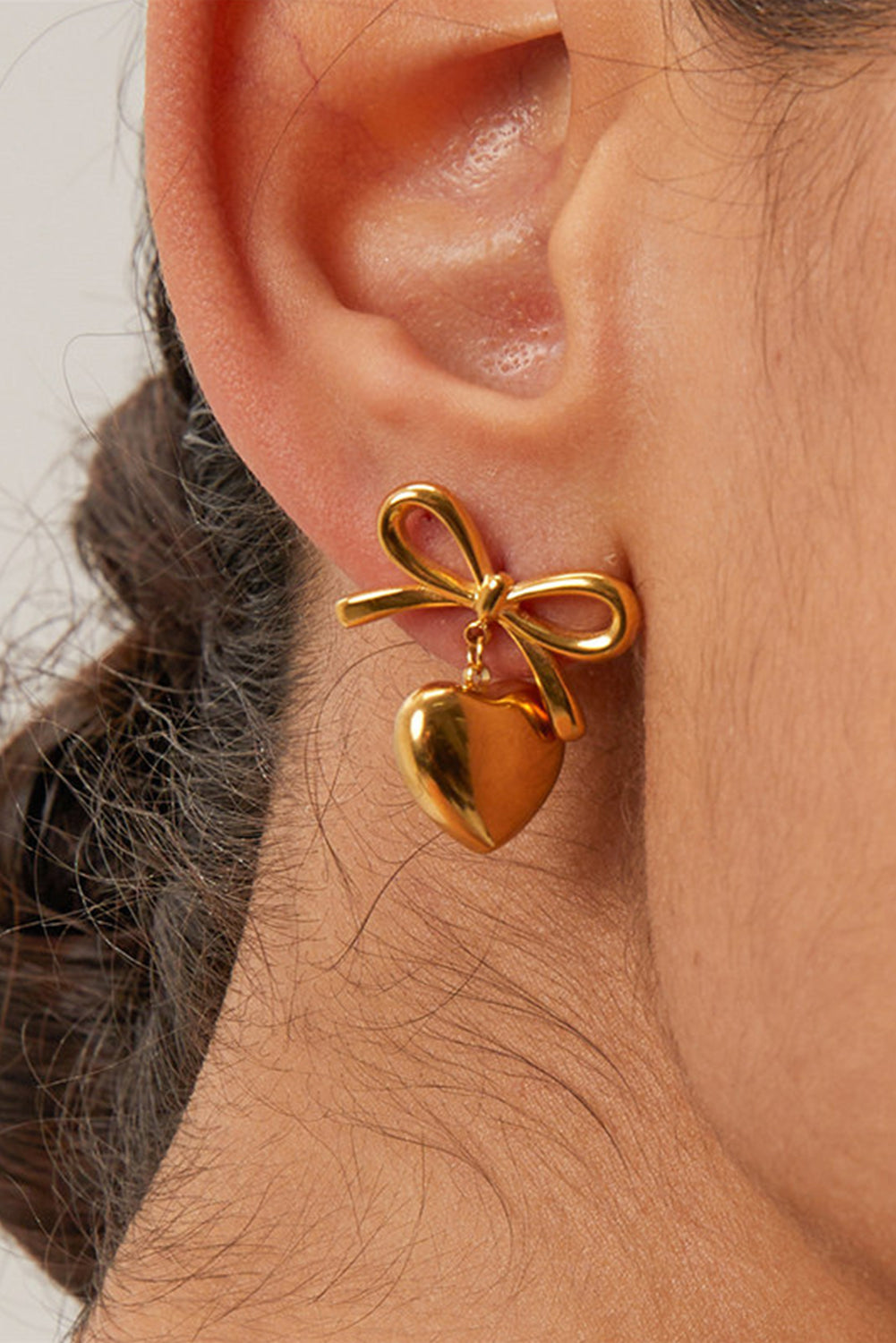 Gold Heart and Bow Studded Earrings-2