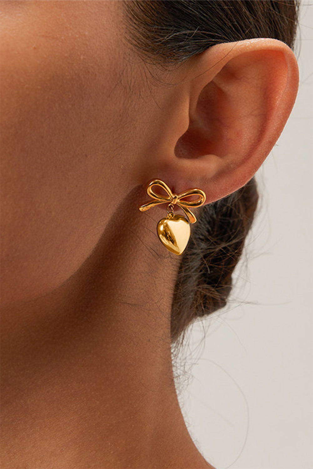 Gold Heart and Bow Studded Earrings-0
