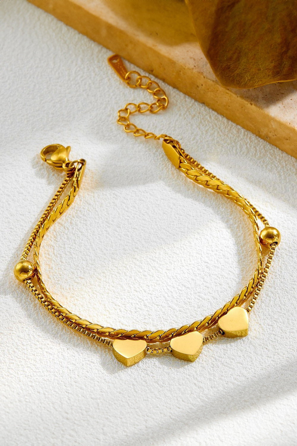 Gold Triple Heart Double Layer Adjustable Chain Bracelet-1