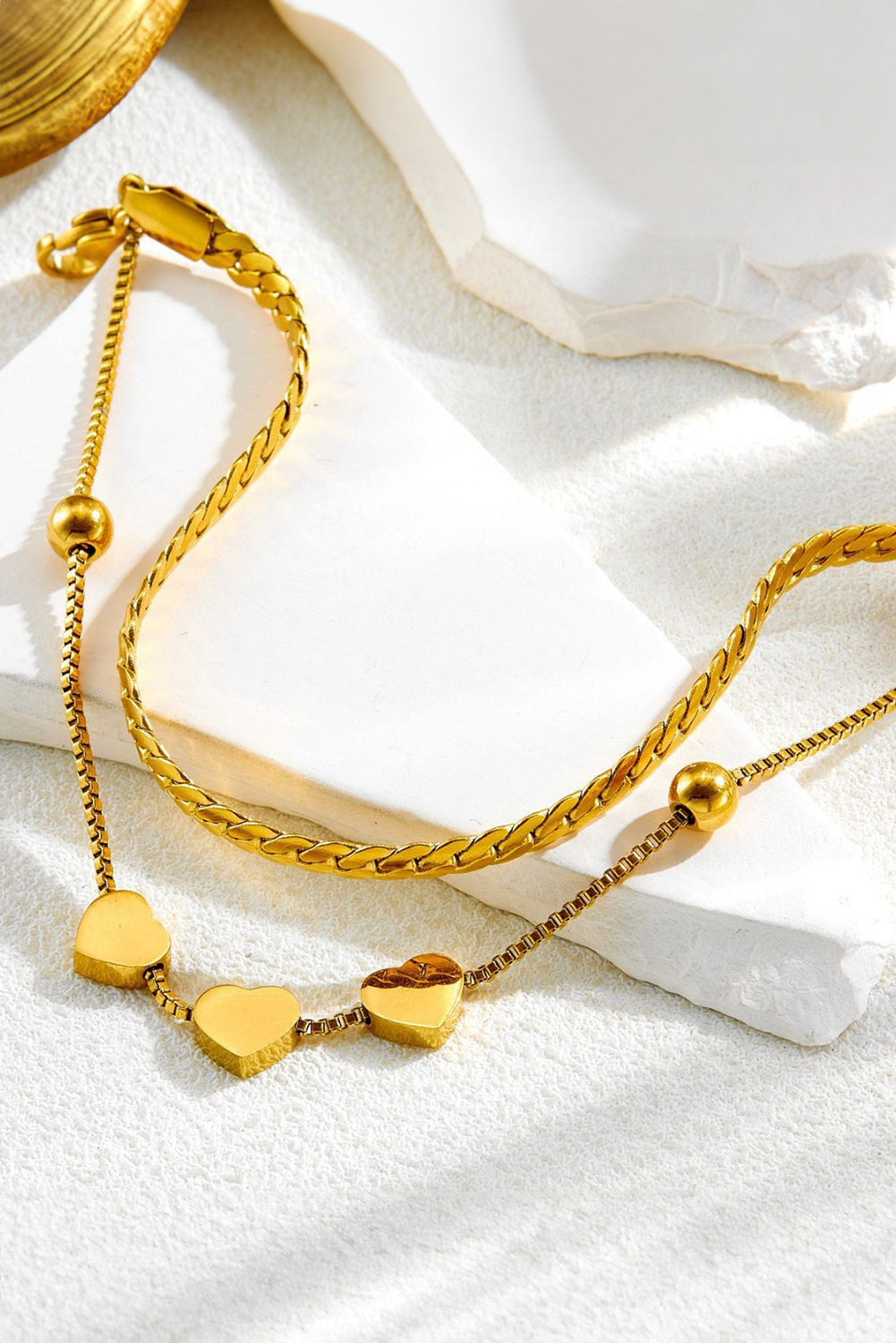 Gold Triple Heart Double Layer Adjustable Chain Bracelet-2