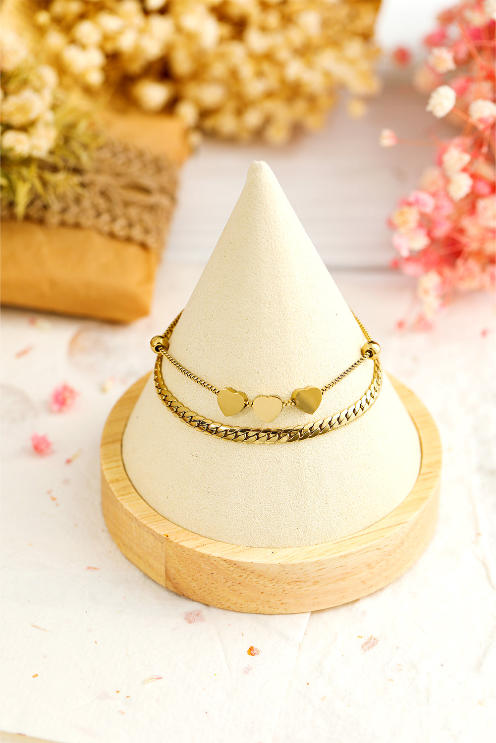 Gold Triple Heart Double Layer Adjustable Chain Bracelet-3