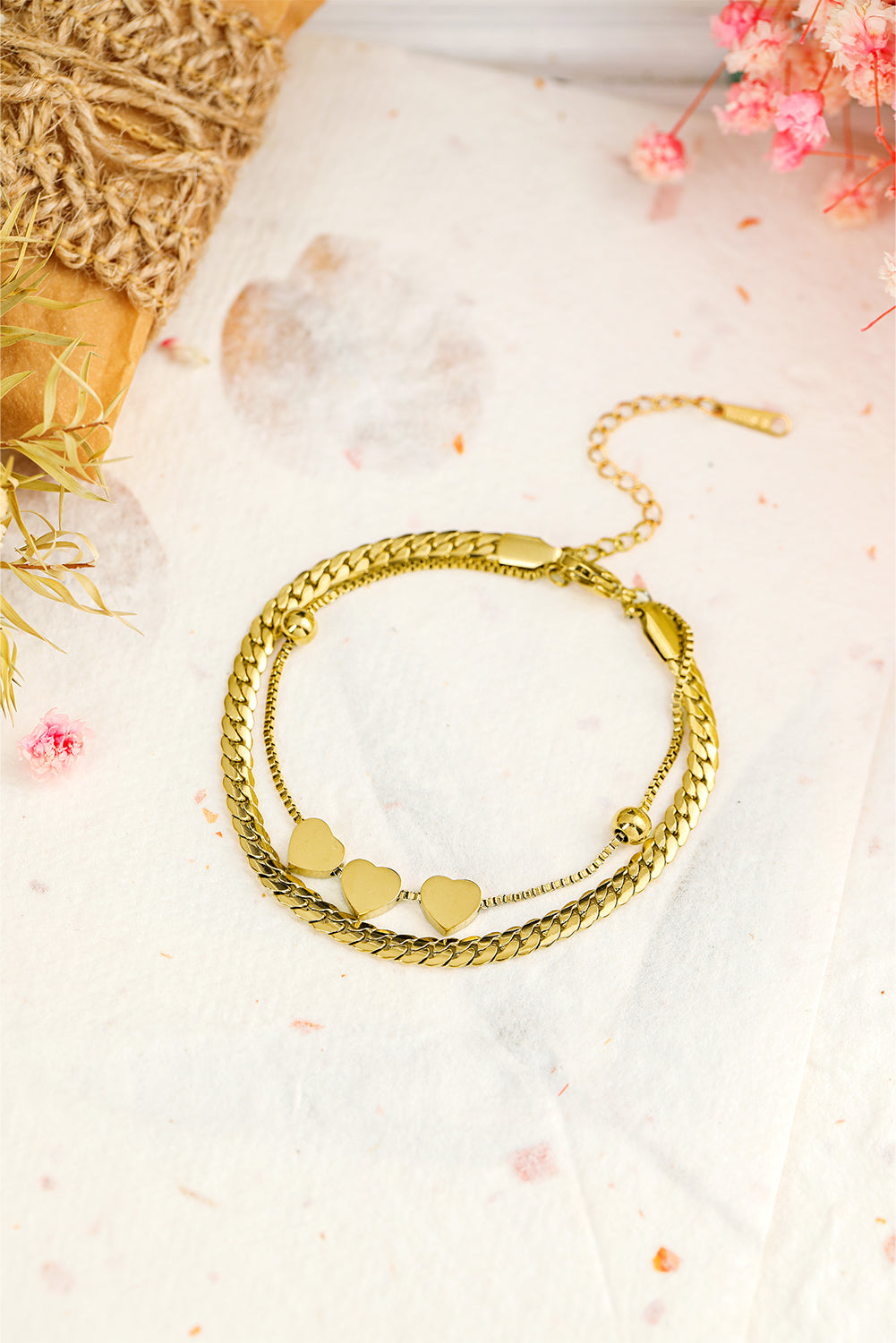 Gold Triple Heart Double Layer Adjustable Chain Bracelet-4