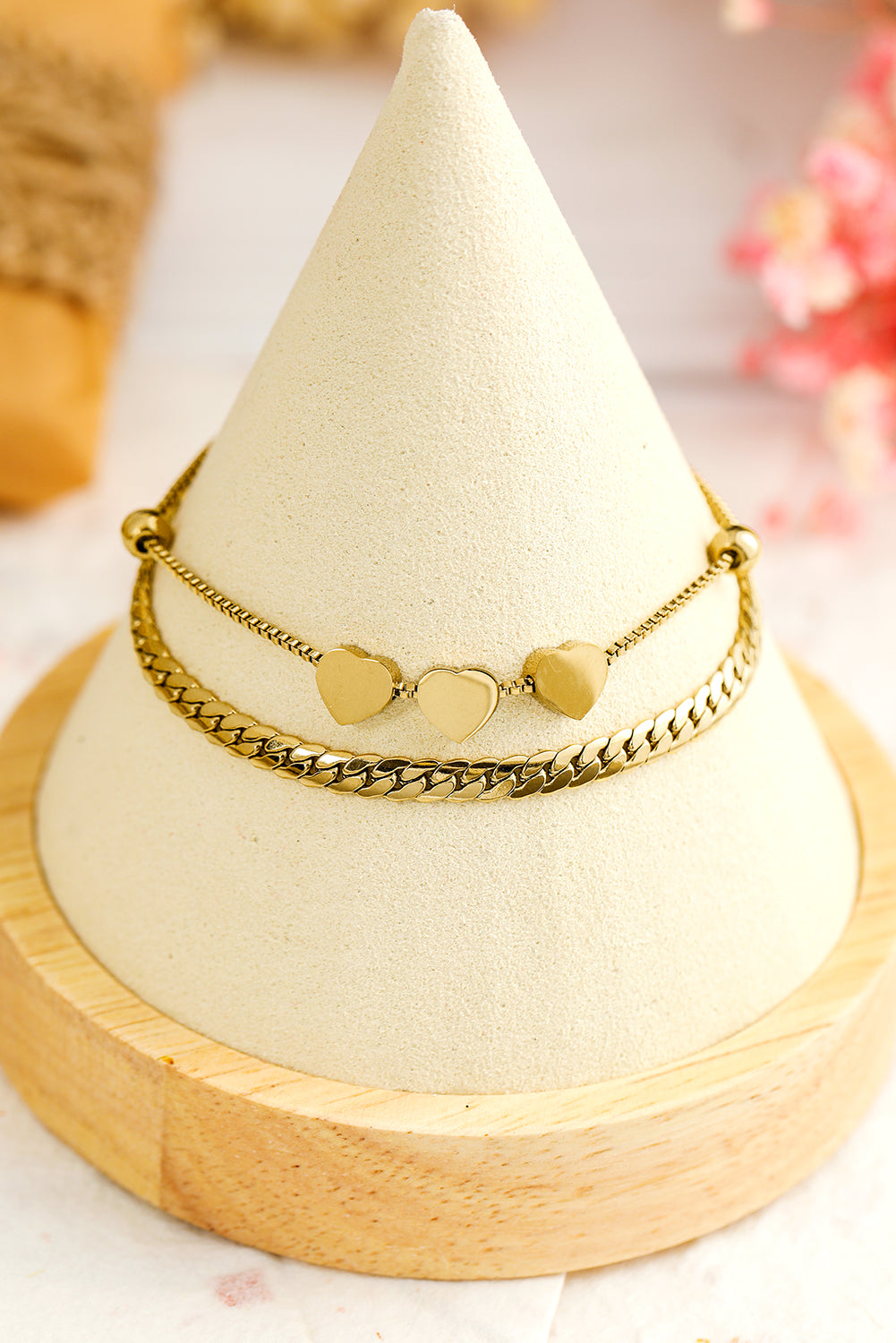 Gold Triple Heart Double Layer Adjustable Chain Bracelet-0