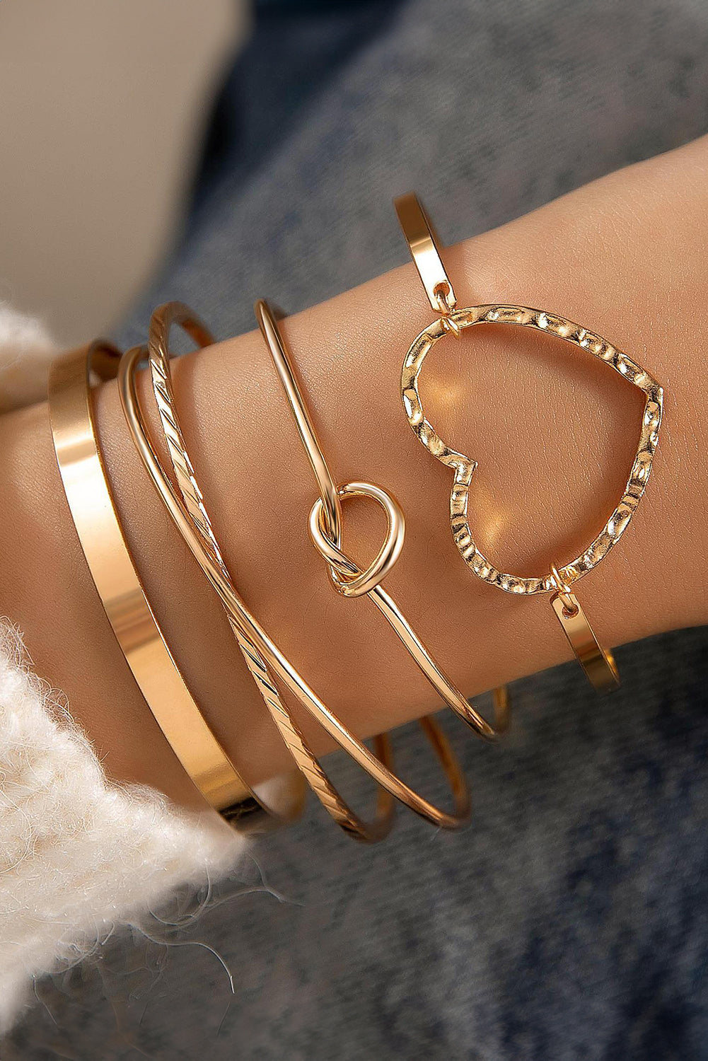 Gold Heart Knot Plated Multi Layer Open Cuff Bracelet Set-4