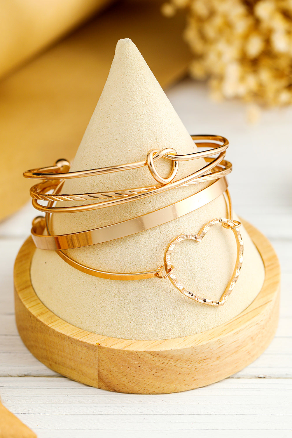 Gold Heart Knot Plated Multi Layer Open Cuff Bracelet Set-0