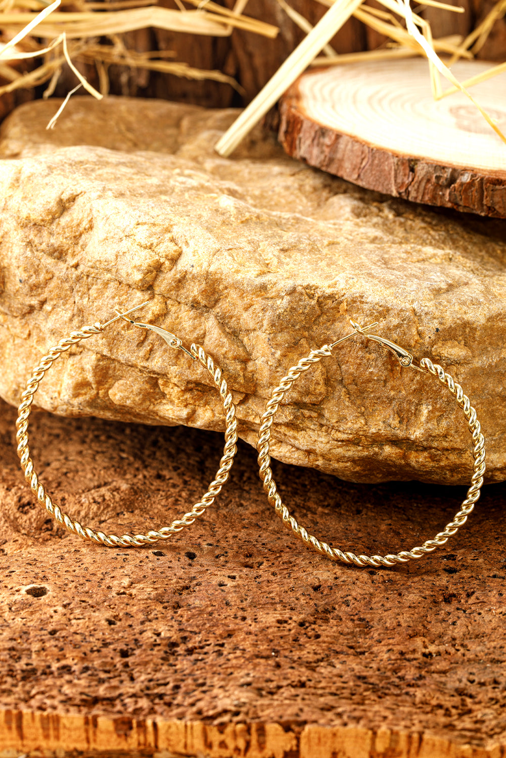 Gold Twisted Large Hoop Earrings-1