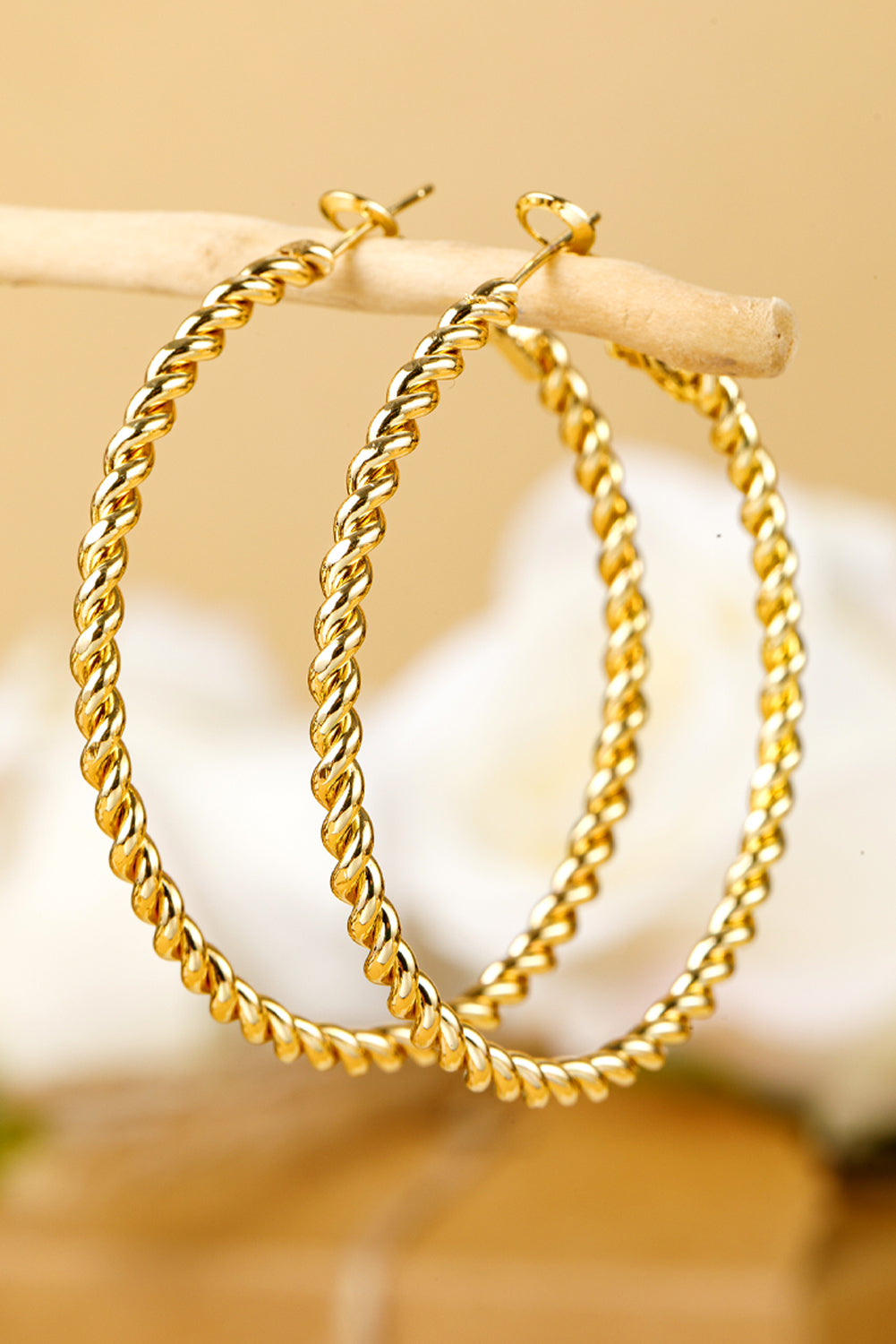 Gold Twisted Large Hoop Earrings-3