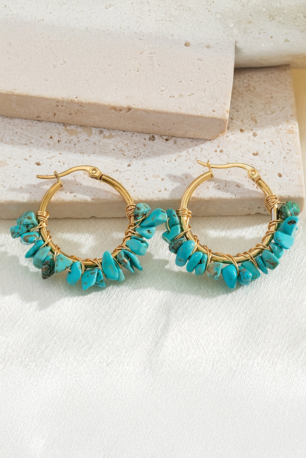 Turquoise Irregular Stone Hoop Earrings-0