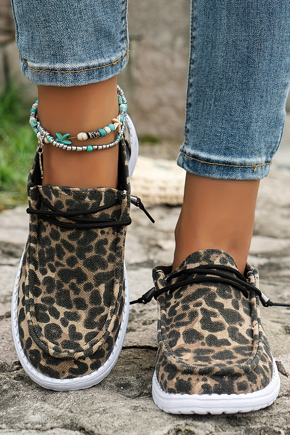 Kira  Lace-up Decor Leopard Canvas Shoes-0