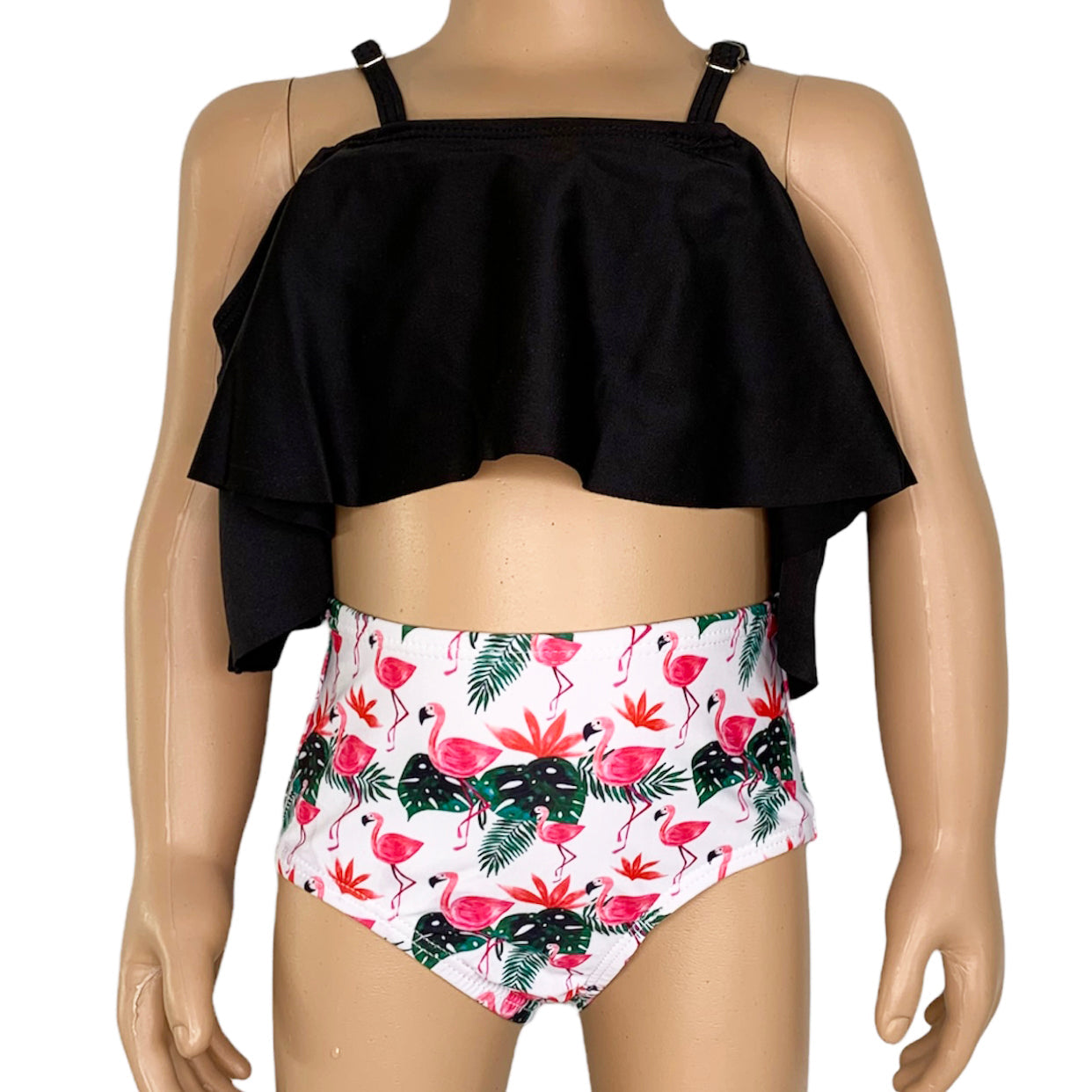 AL Limited Girls 2 piece Black Ruffle Top Pink Flamingos Bikini bathing suit-0
