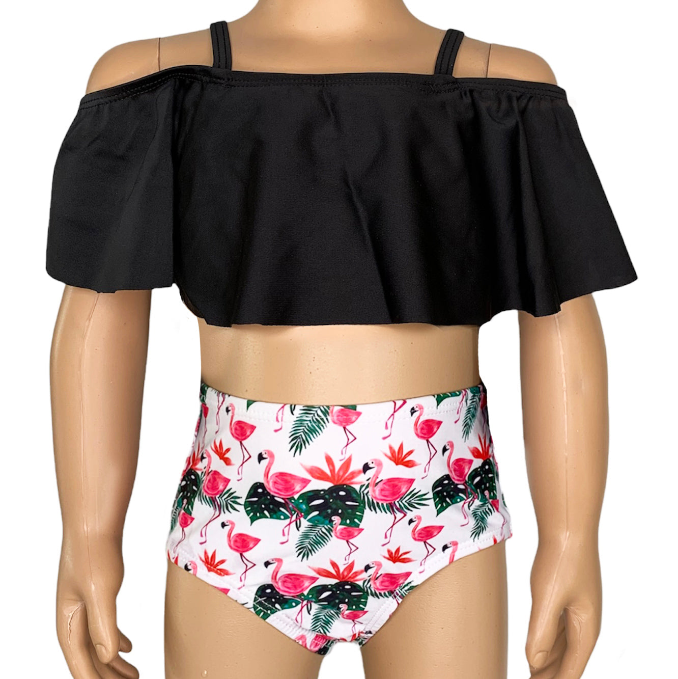AL Limited Girls 2 piece Black Ruffle Top Pink Flamingos Bikini bathing suit-2