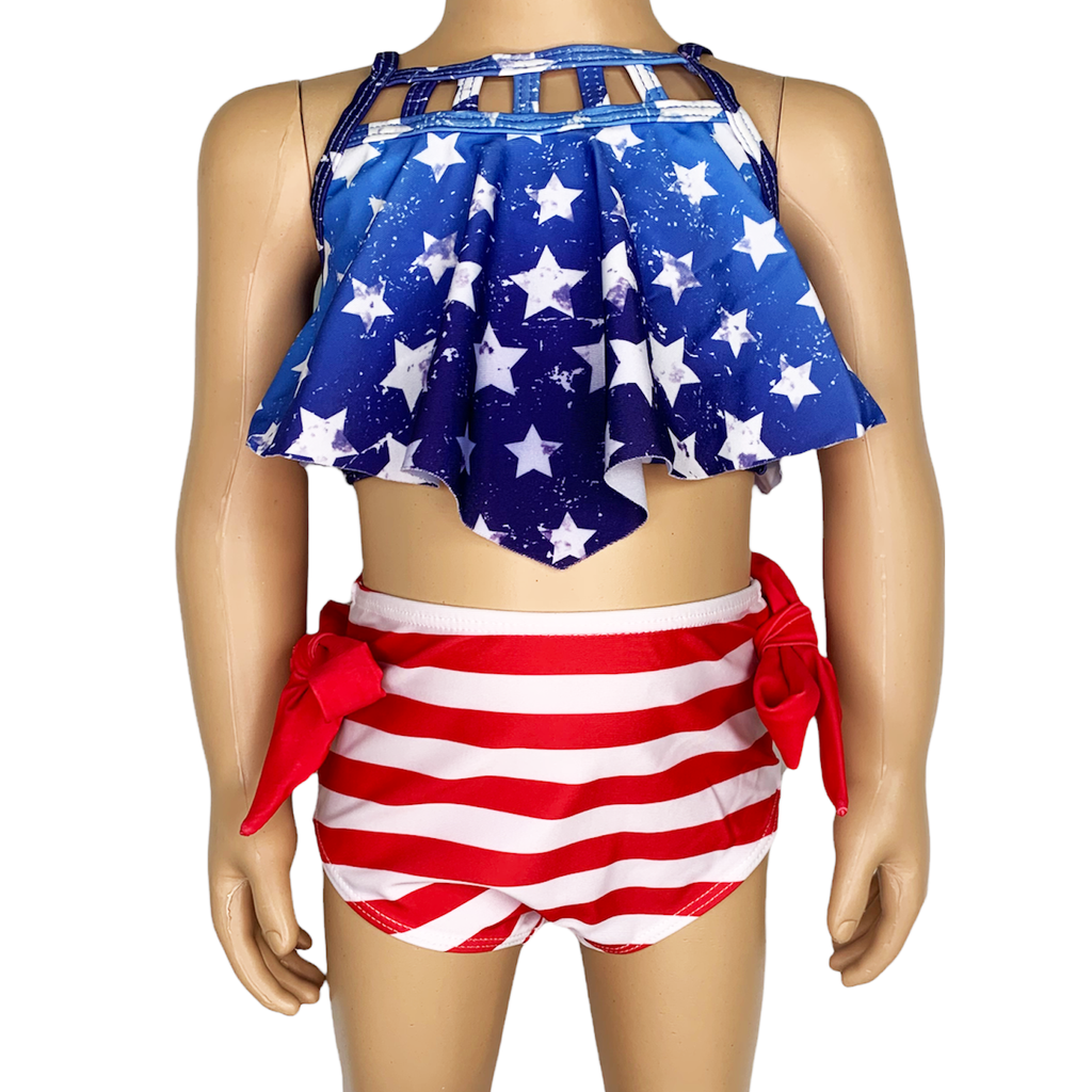 Girls 2 pc Patriotic Red White Blue Stars Stripes Tankini Swimsuit 4th of July-1