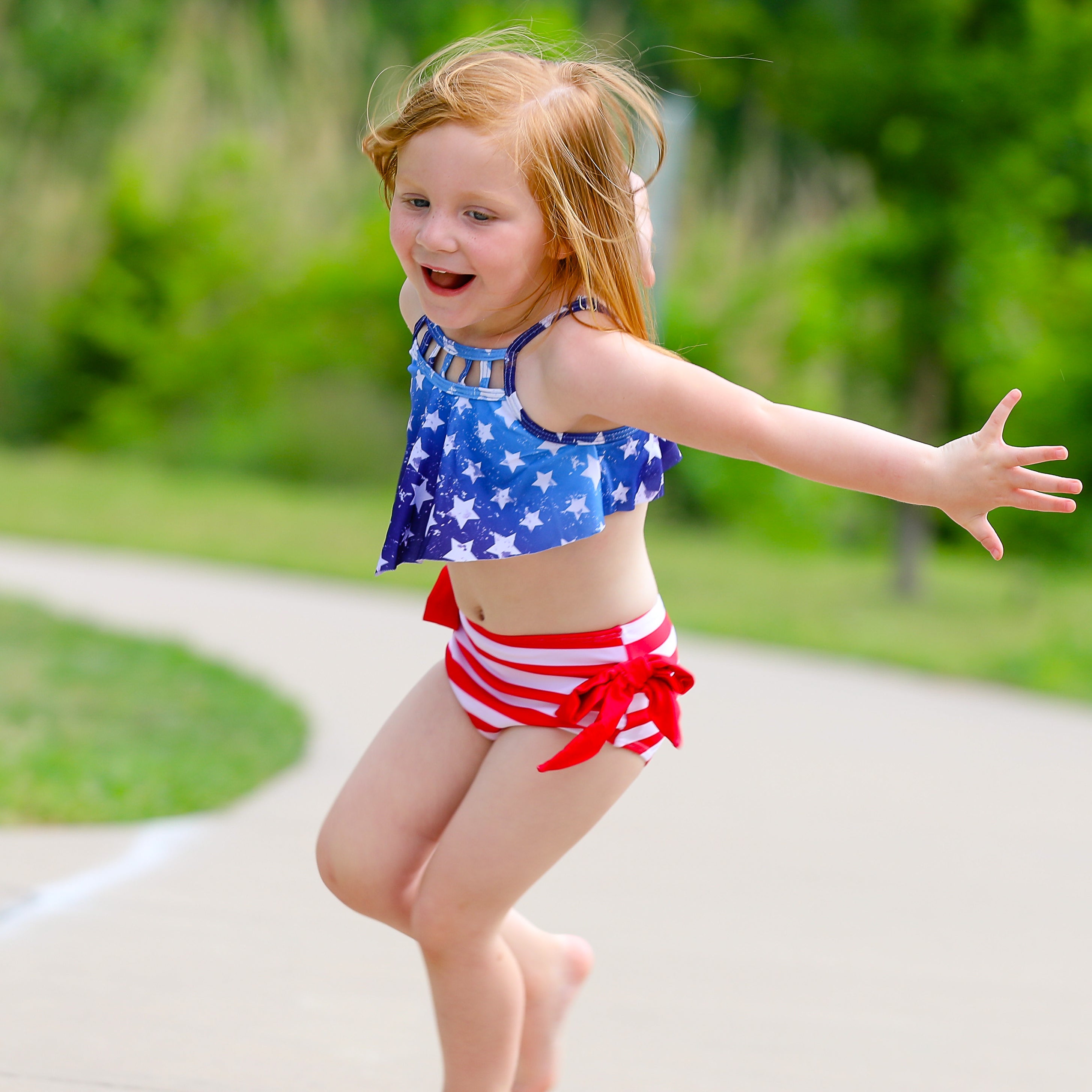 Girls 2 pc Patriotic Red White Blue Stars Stripes Tankini Swimsuit 4th of July-3