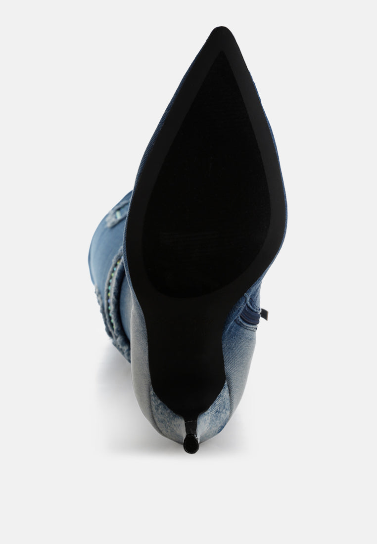 Eilish Rhinestones Knee High Denim Boots-4