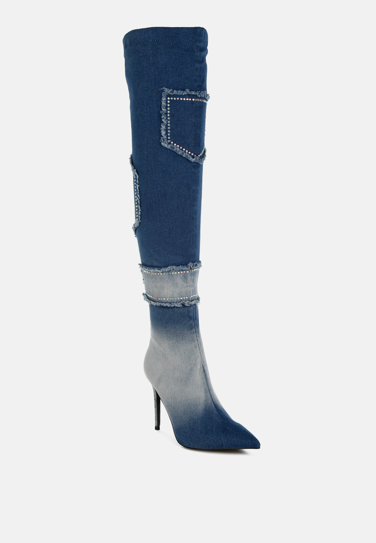 Eilish Rhinestones Knee High Denim Boots-1