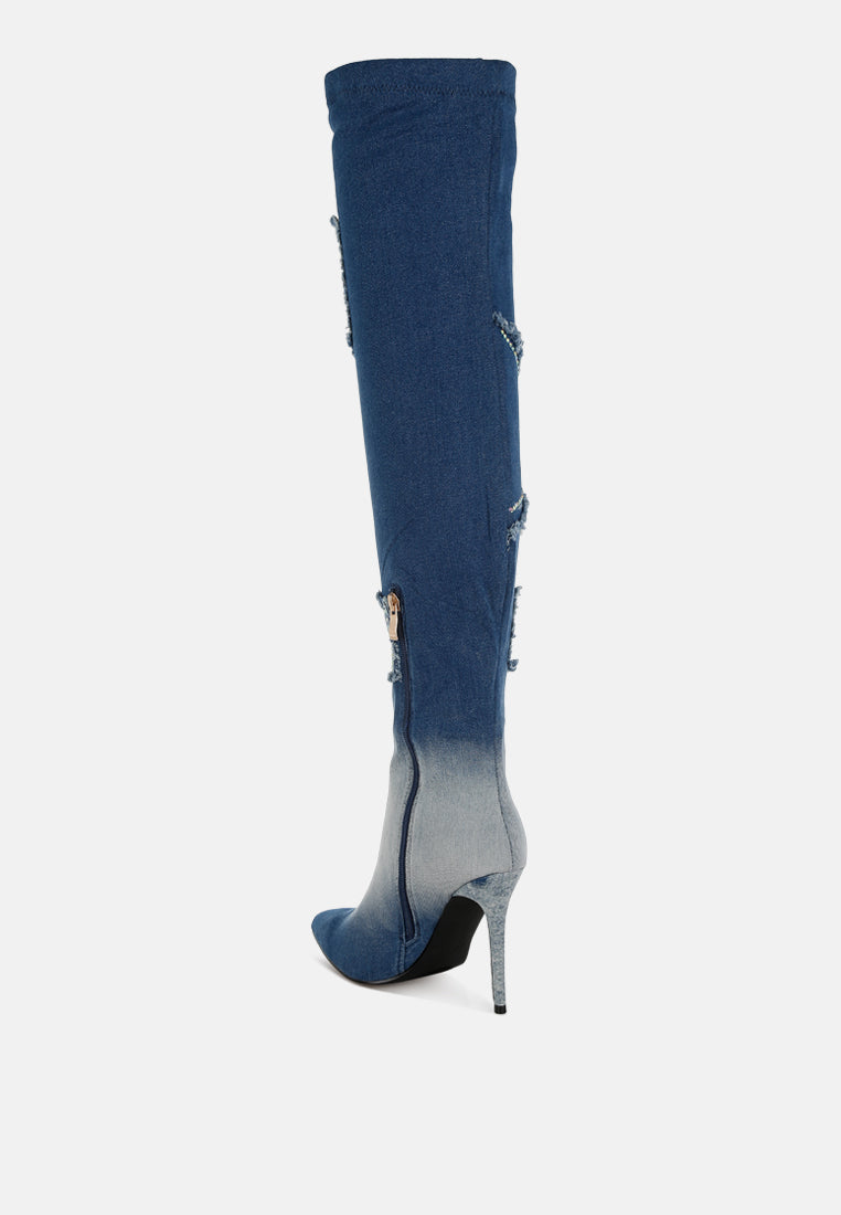 Eilish Rhinestones Knee High Denim Boots-2