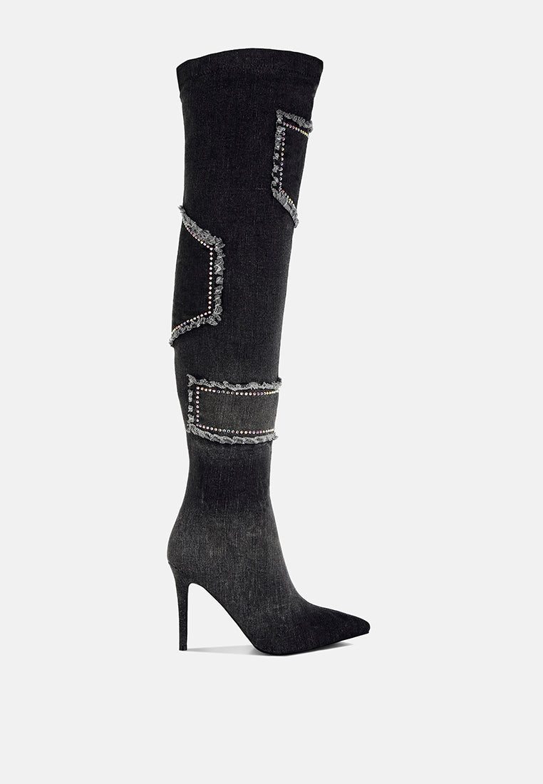 Eilish Rhinestones Knee High Denim Boots-5