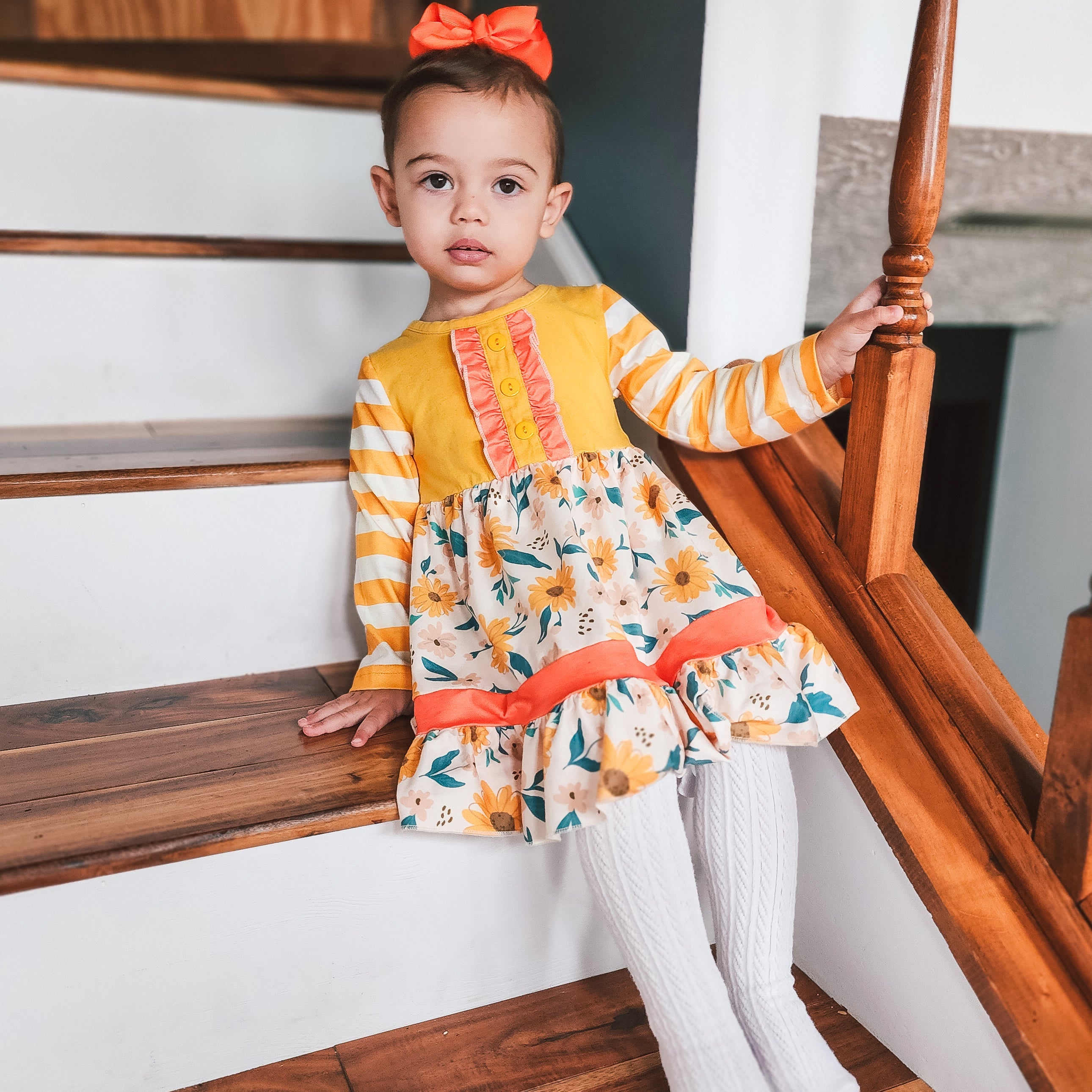 Girls Yellow & Orange Daisy Floral Fall Long Sleeve Dress-3