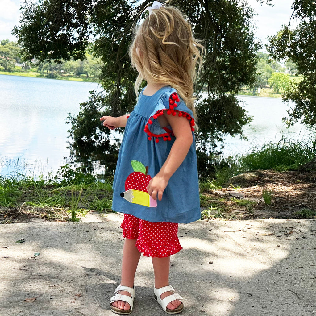 Girls Blue Chambray Apple top with Red polka Dot Ruffle Shorts Back to School-4