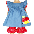 Girls Blue Chambray Apple top with Red polka Dot Ruffle Shorts Back to School-0