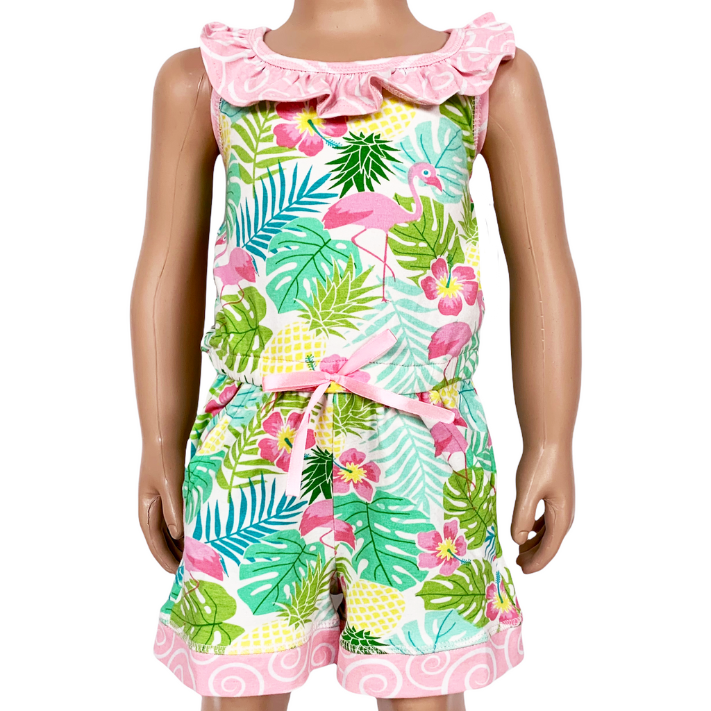 AnnLoren Little & Big Girls Pink Flamingo Palm Tree Kids Shorts Jumpsuit-0