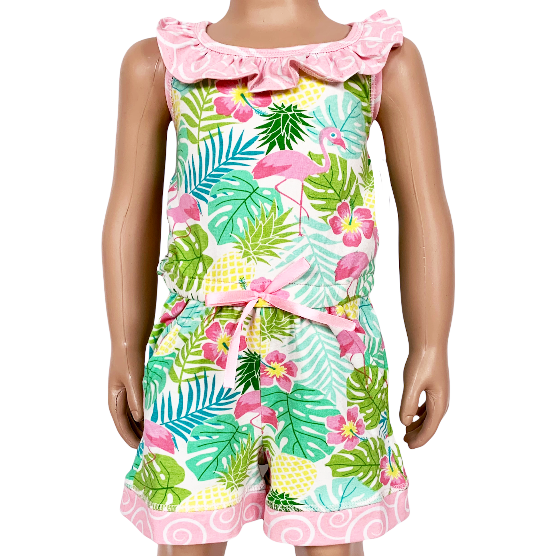 AnnLoren Little & Big Girls Pink Flamingo Palm Tree Kids Shorts Jumpsuit-0