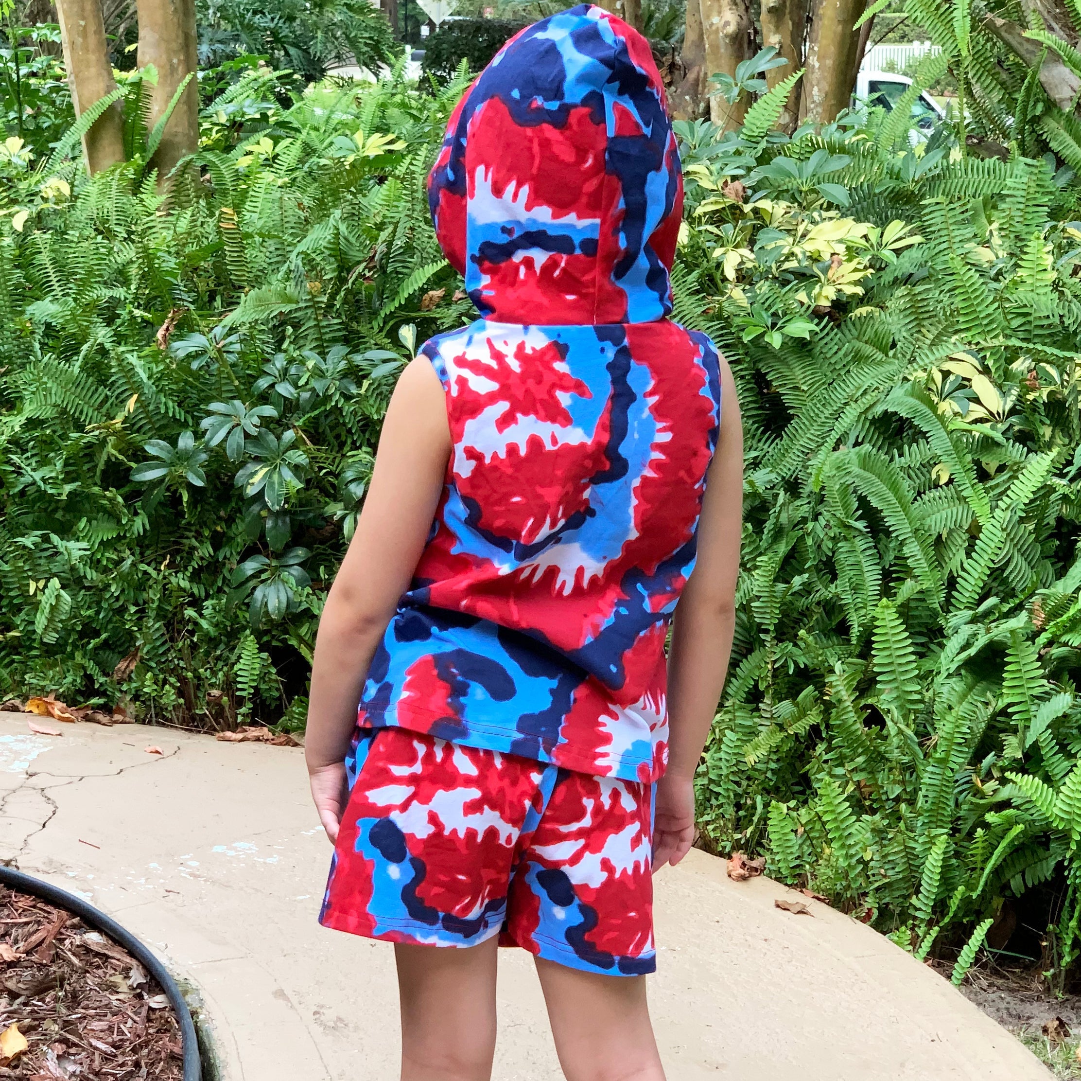 AnnLoren Girls Boys Red White & Blue Tie Dye Hoodie Tank and Shorts Set 4th of July-3