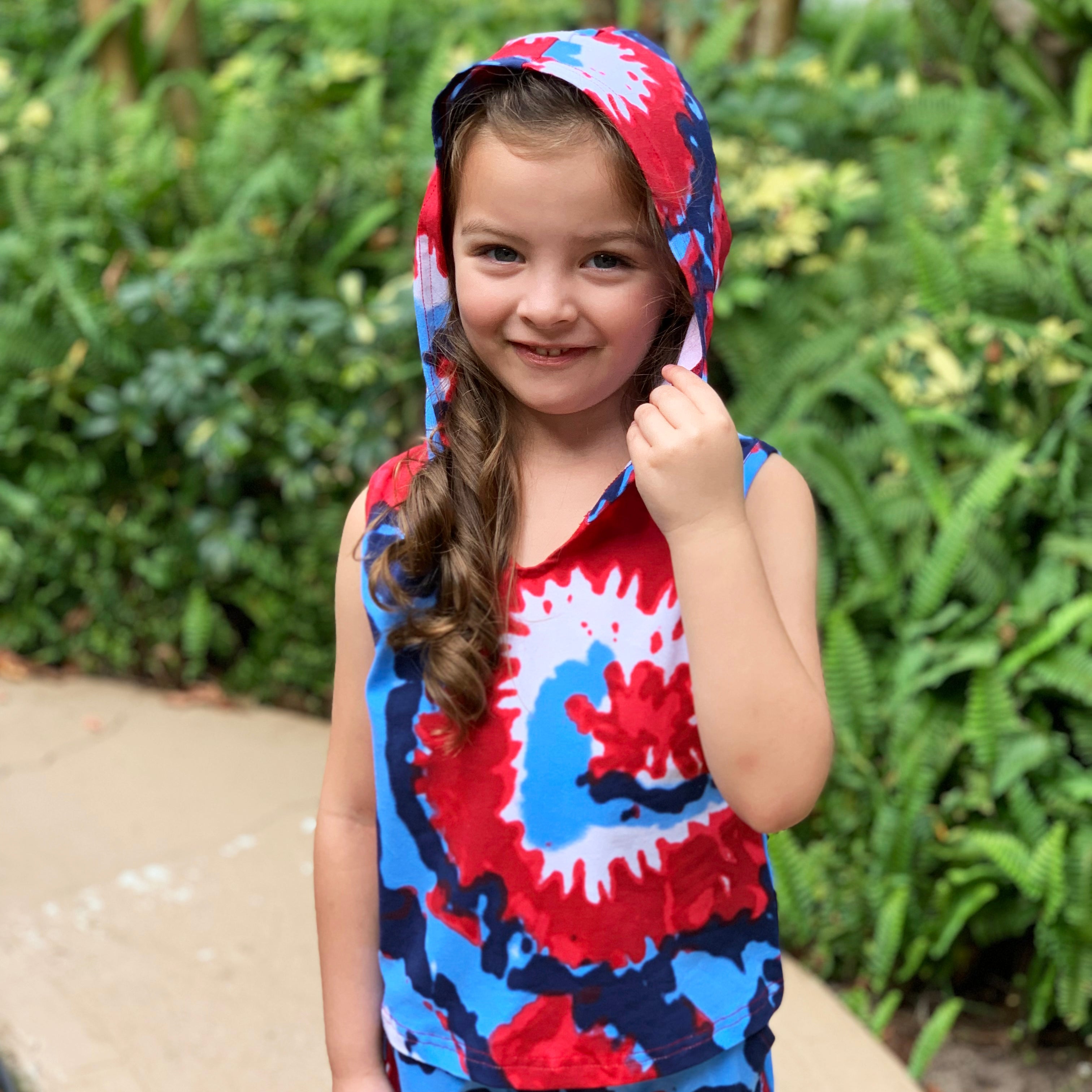 AnnLoren Girls Boys Red White & Blue Tie Dye Hoodie Tank and Shorts Set 4th of July-2