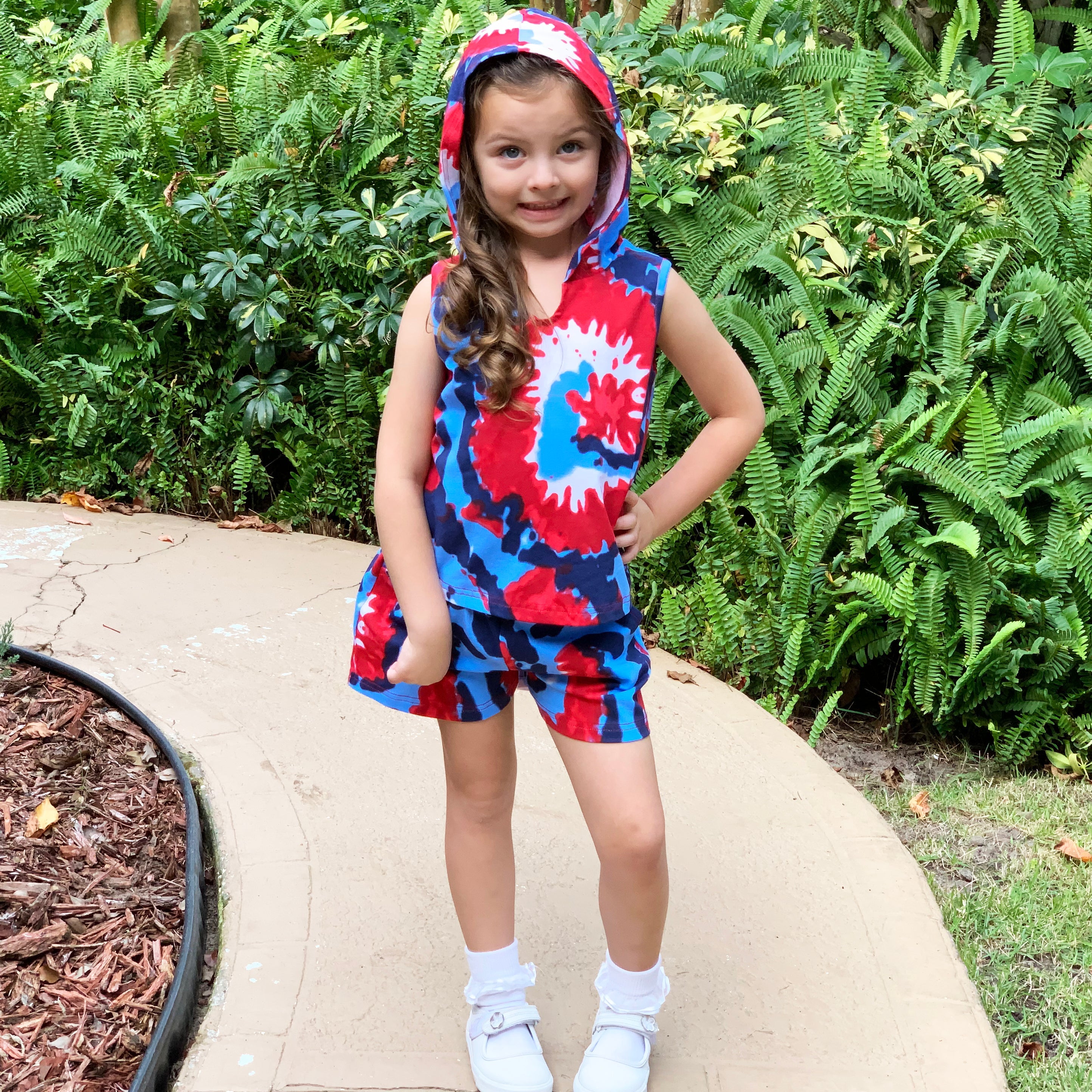 AnnLoren Girls Boys Red White & Blue Tie Dye Hoodie Tank and Shorts Set 4th of July-1