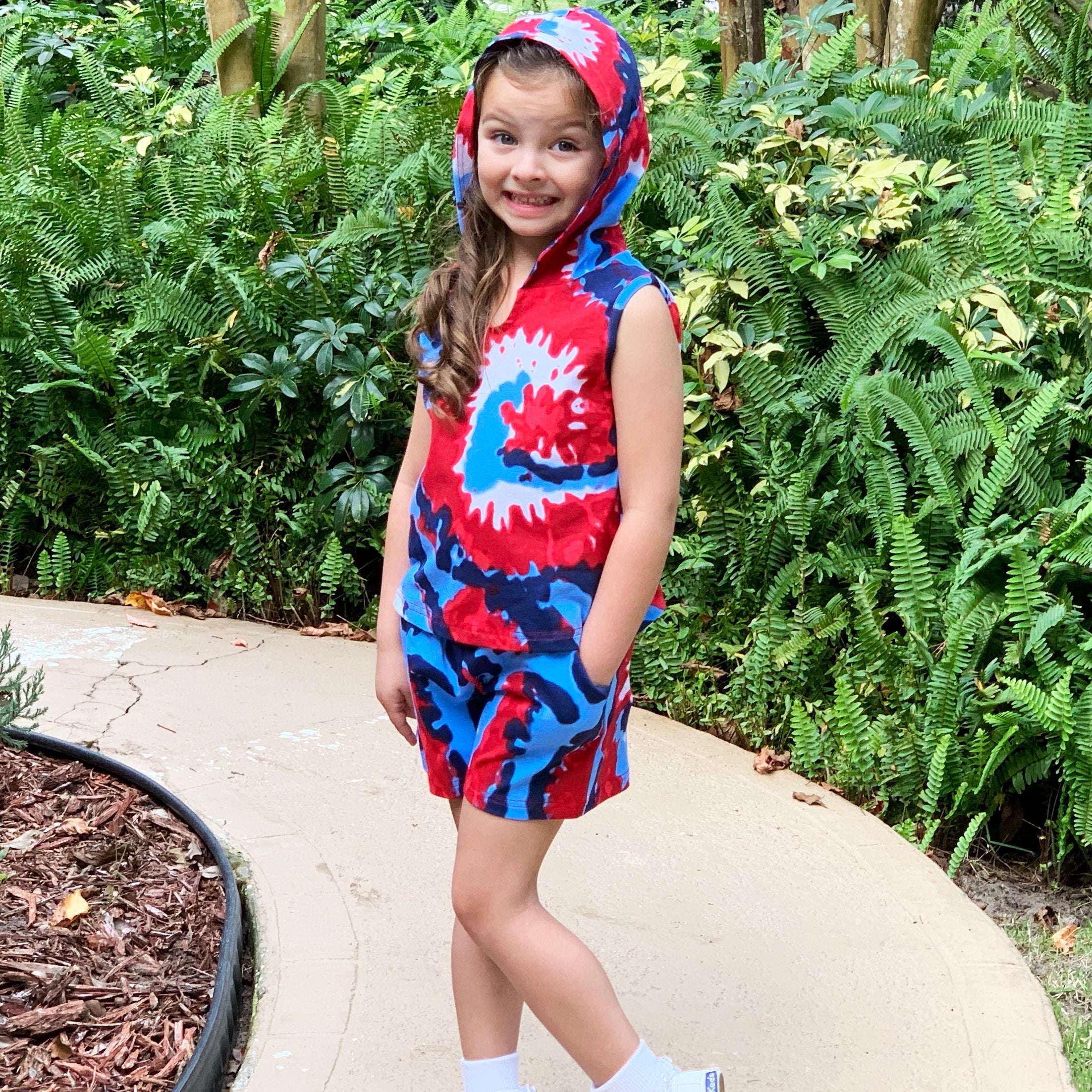 AnnLoren Girls Boys Red White & Blue Tie Dye Hoodie Tank and Shorts Set 4th of July-4