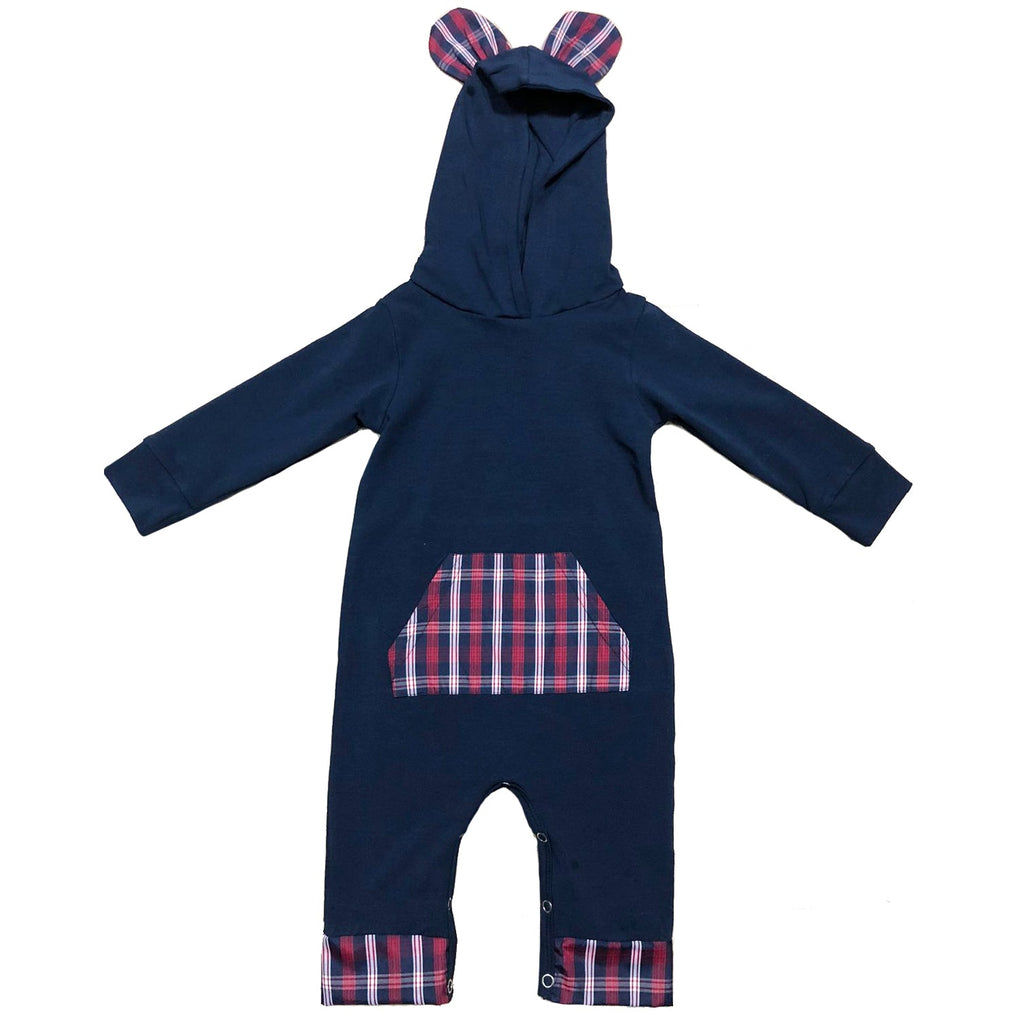 AnnLoren Girls Long Sleeve Teddy Bear Blue Plaid Baby Toddler Romper Hoodie One Piece-3