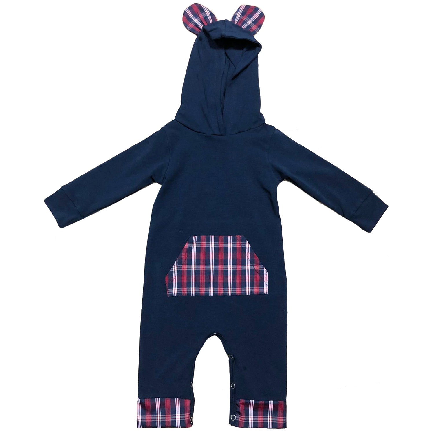 AnnLoren Girls Long Sleeve Teddy Bear Blue Plaid Baby Toddler Romper Hoodie One Piece-3