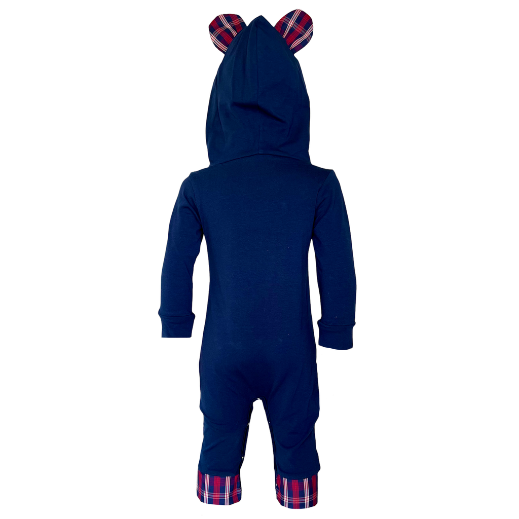AnnLoren Girls Long Sleeve Teddy Bear Blue Plaid Baby Toddler Romper Hoodie One Piece-4