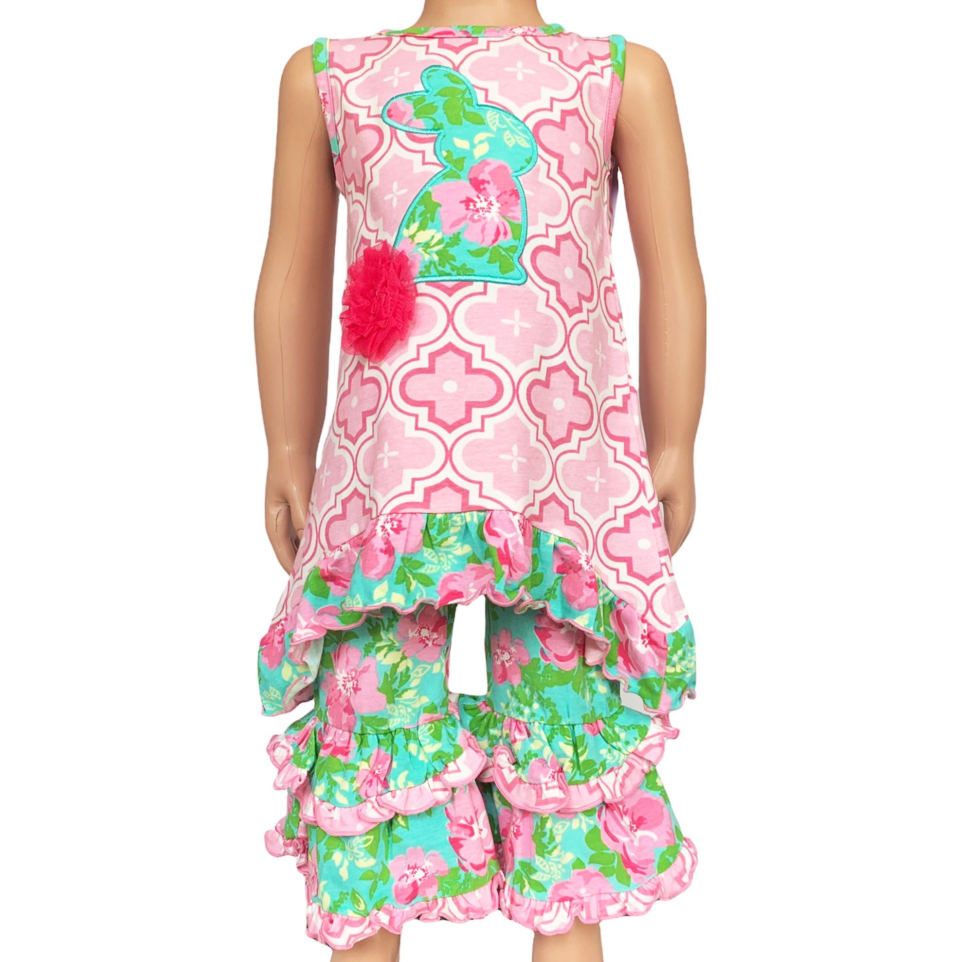 AnnLoren Girls Easter Bunny Outfit Tunic Spring Floral Ruffle Capri Pants-0