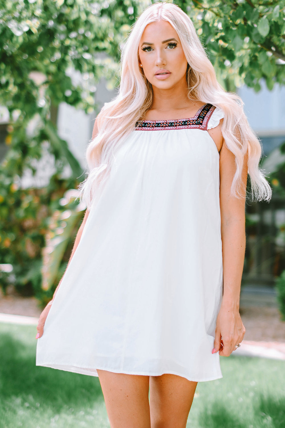 Nola Frill Embroidered Square Neck Shift Dress-3