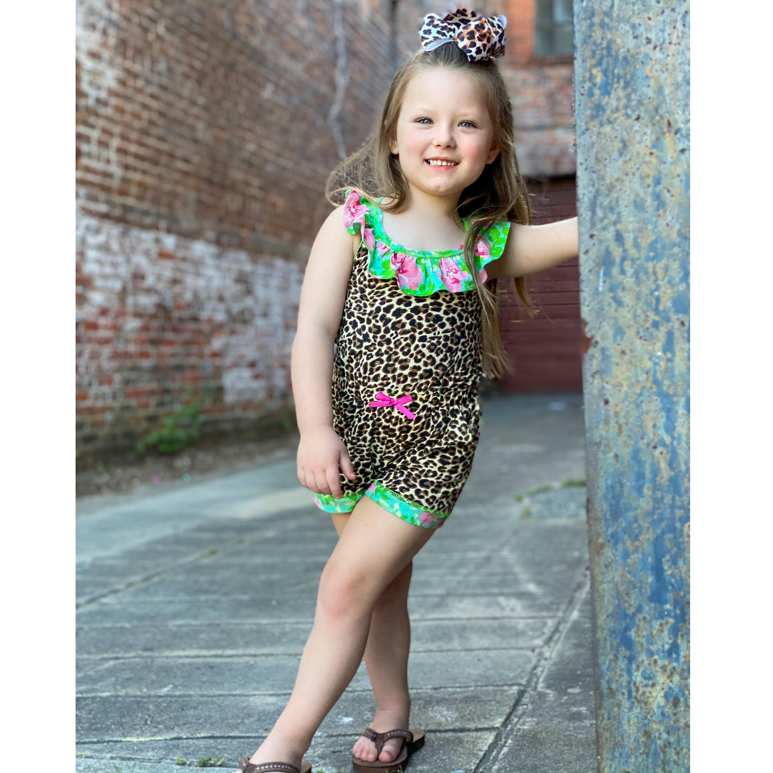 AnnLoren Girls Leopard Floral Summer Shorts Jumpsuit-1