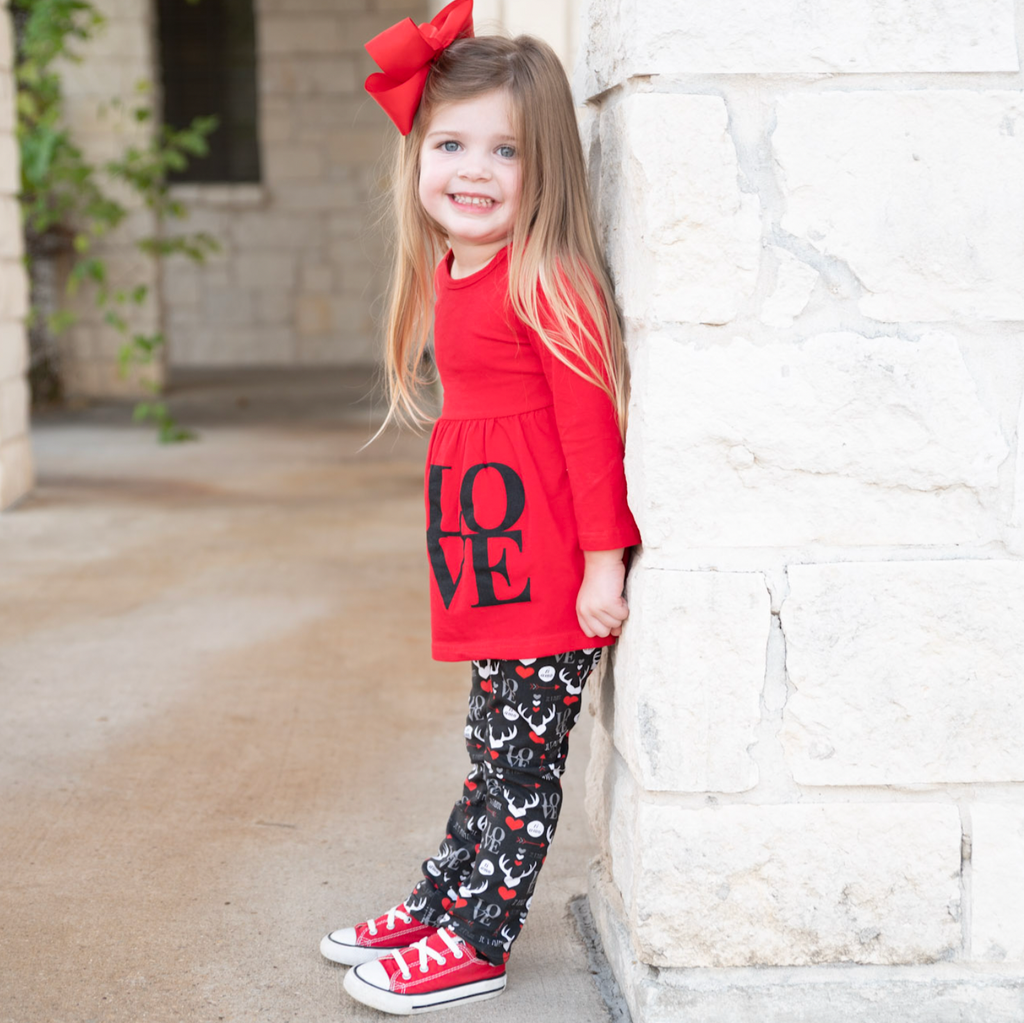 Girls Valentine's Day LOVE Red Long Sleeve Tunic Leggings & Scarf Clothing Set-4