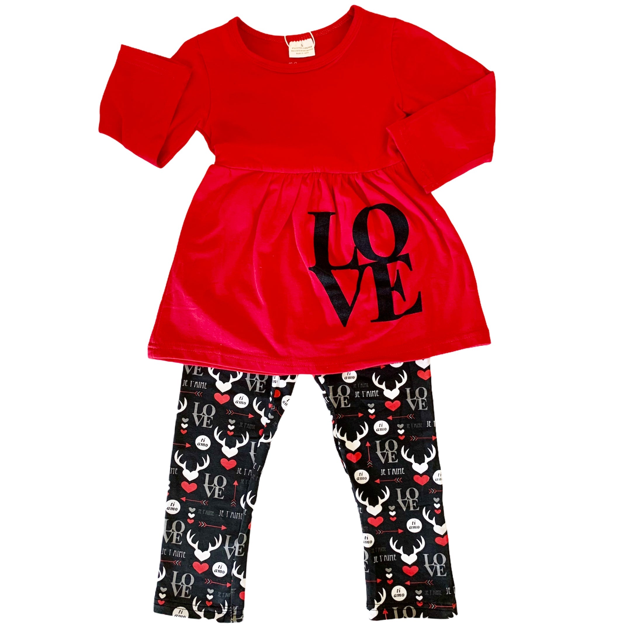 Girls Valentine's Day LOVE Red Long Sleeve Tunic Leggings & Scarf Clothing Set-3