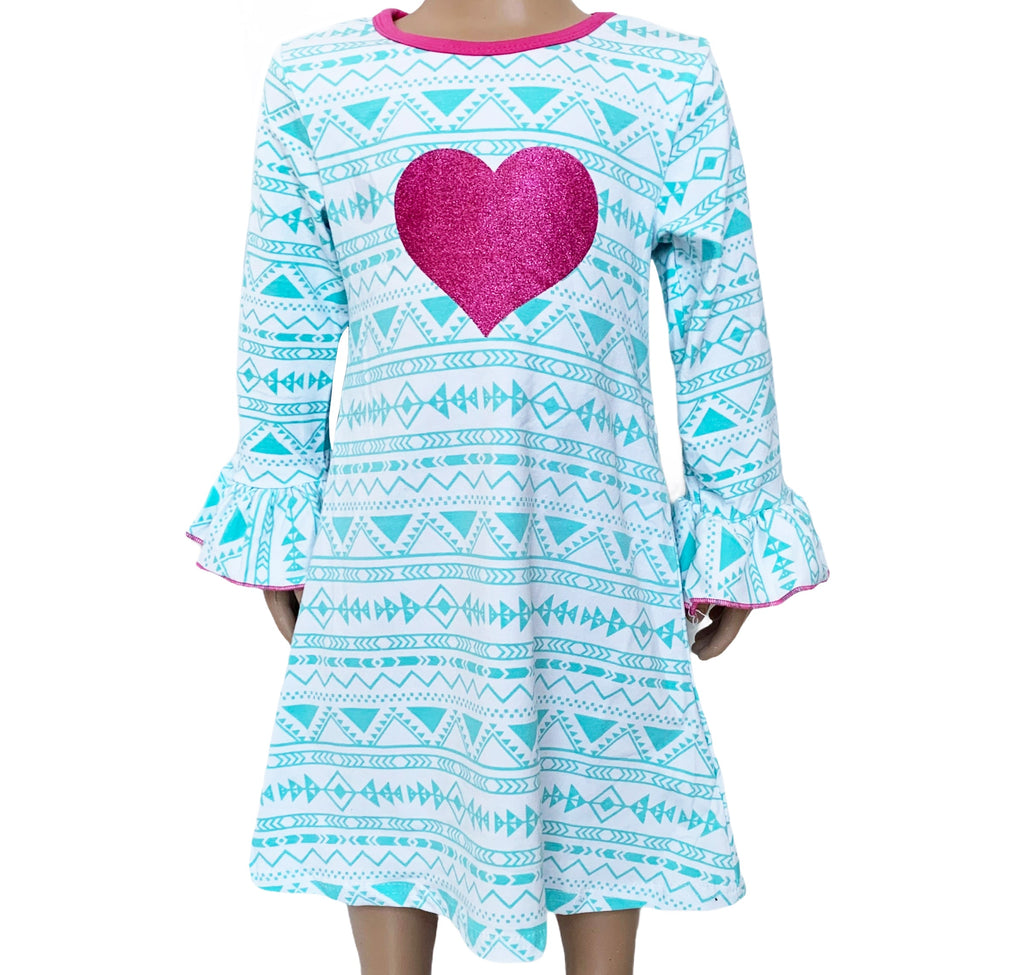 AL Limited Girls Boutique Blue & Pink Heart Soft Cotton Long Sleeve Dress-0