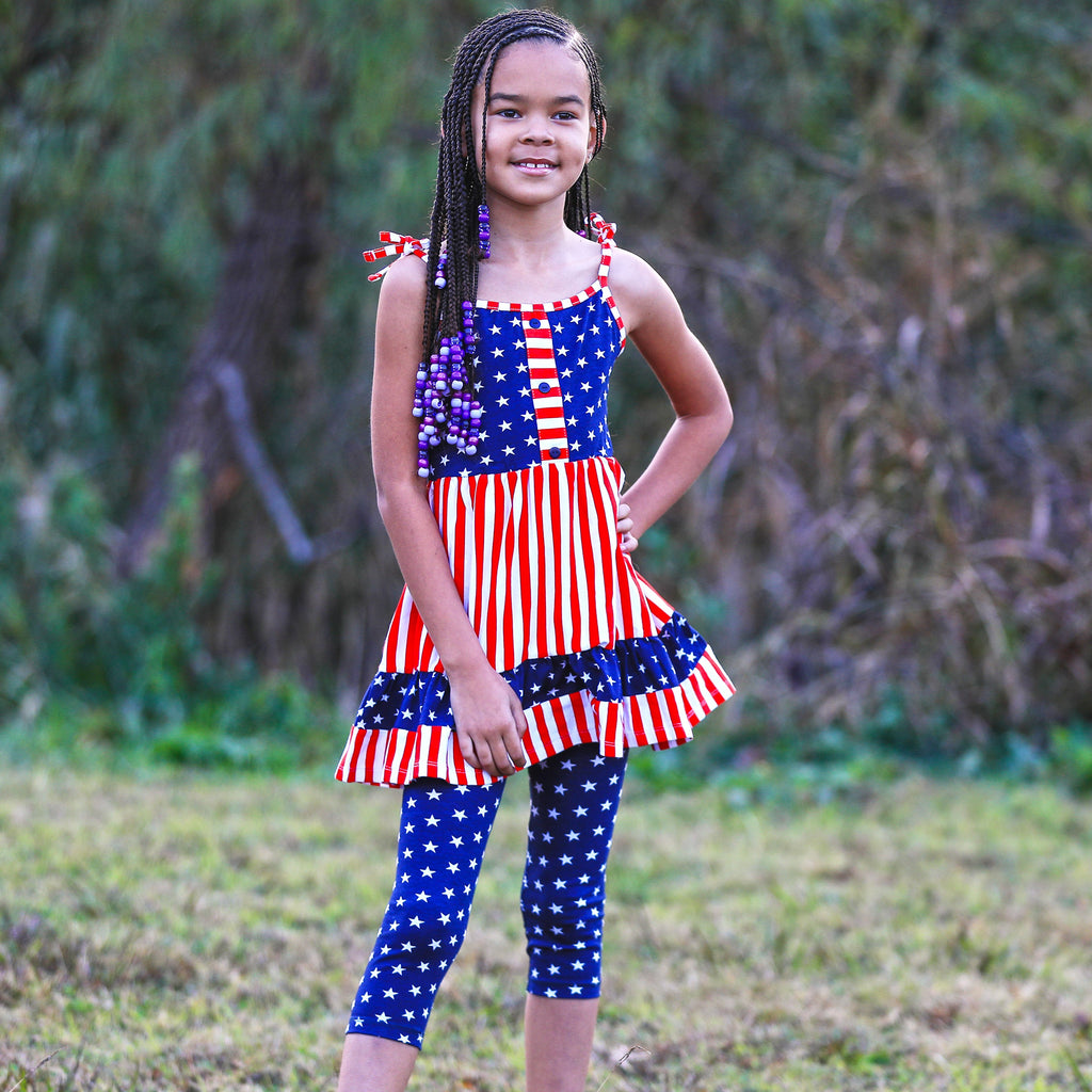 AnnLoren Girls 4th of July Stars & Striped Dress & Capri Leggings Outfit-4