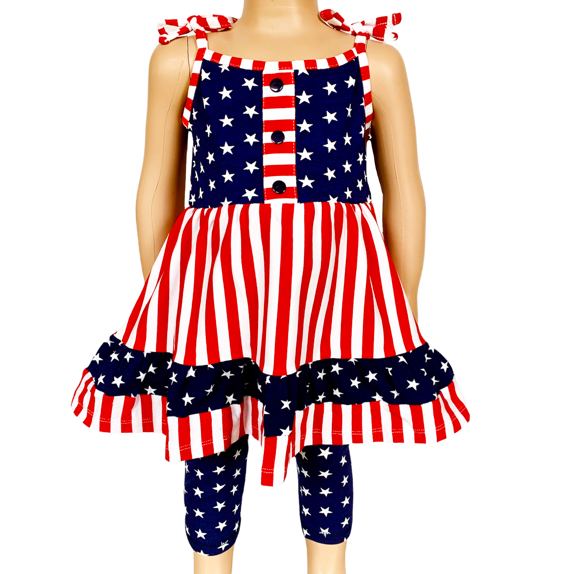 AnnLoren Girls 4th of July Stars & Striped Dress & Capri Leggings Outfit-0