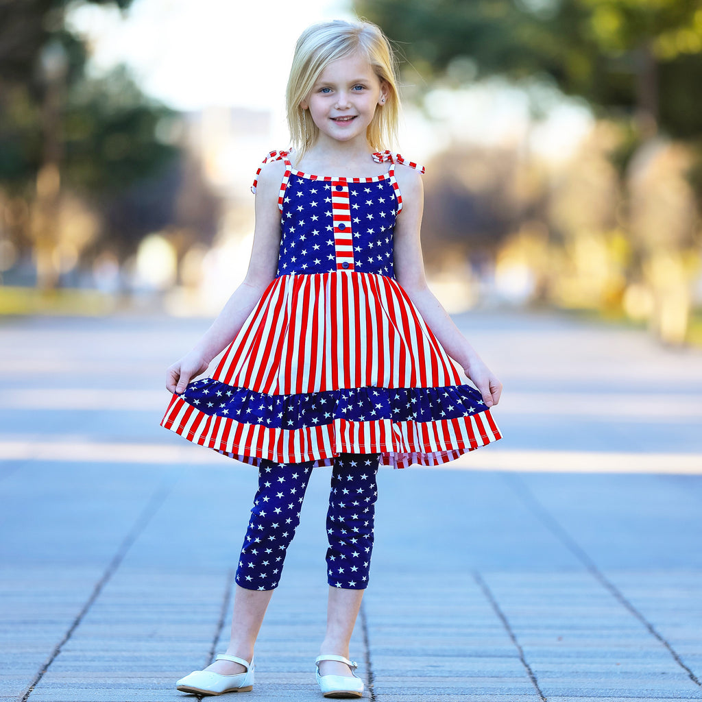 AnnLoren Girls 4th of July Stars & Striped Dress & Capri Leggings Outfit-1